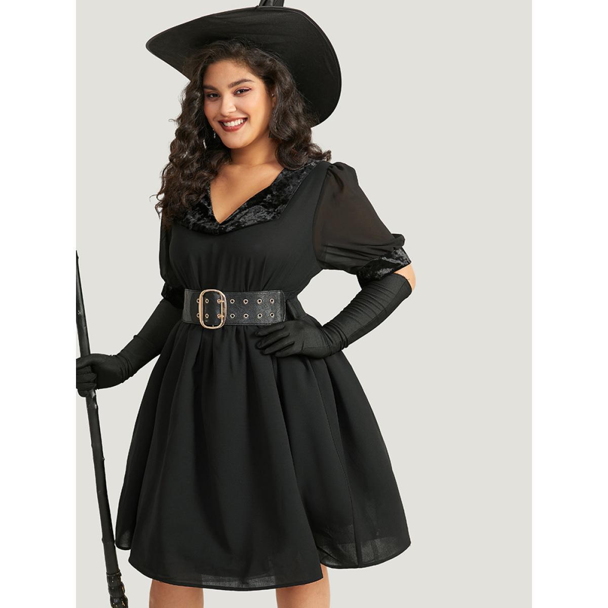 Plus Size Halloween Plain Lapel Collar Lantern Sleeve Mesh Dress Black Women Elegant See through V-neck Half Sleeve Curvy Knee Dress BloomChic 12/L Product Image
