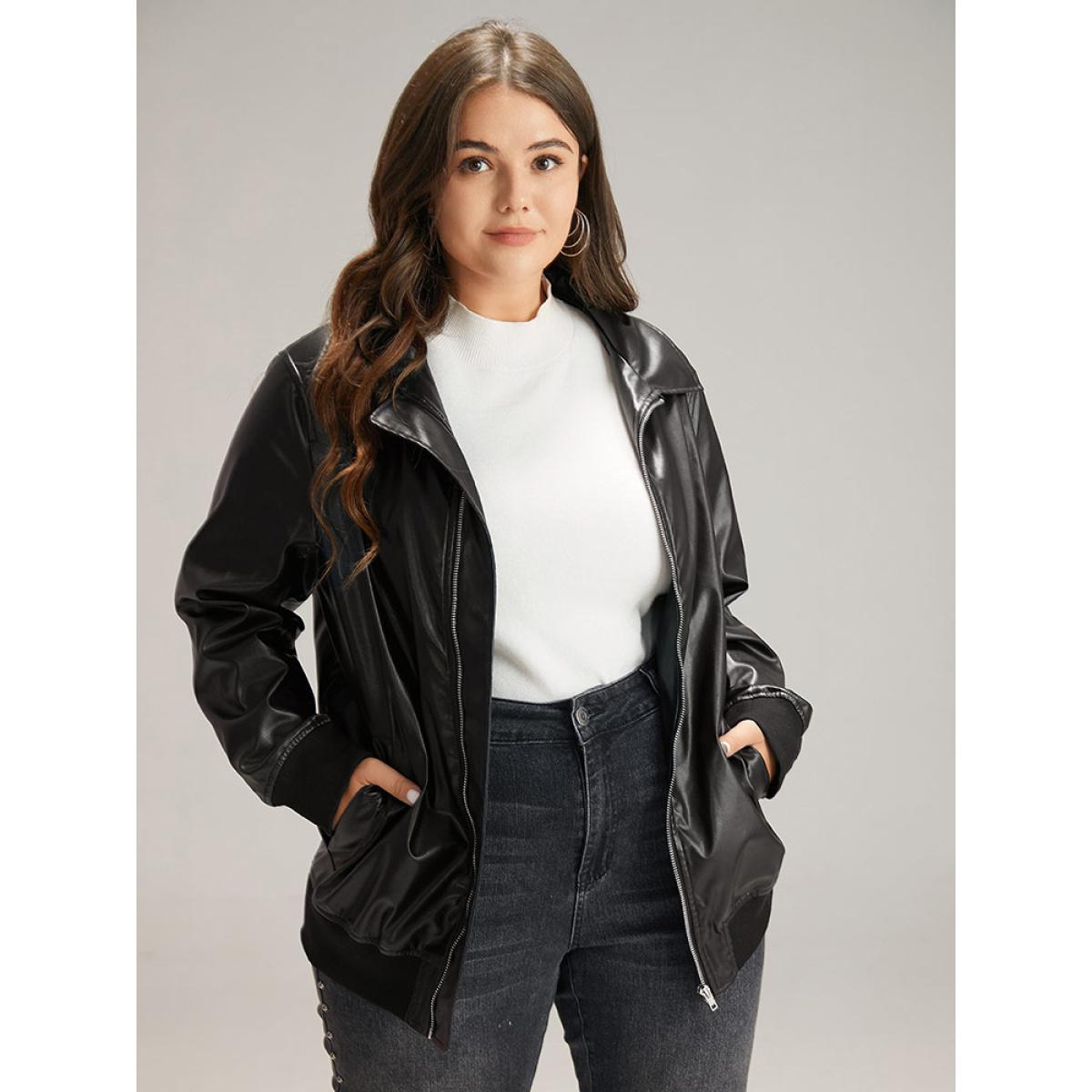 Plus Size Plain Zipper Fly Rib Knit Patchwork Jacket Women Black Elastic cuffs Pocket Dailywear Jackets BloomChic 28/5X Product Image