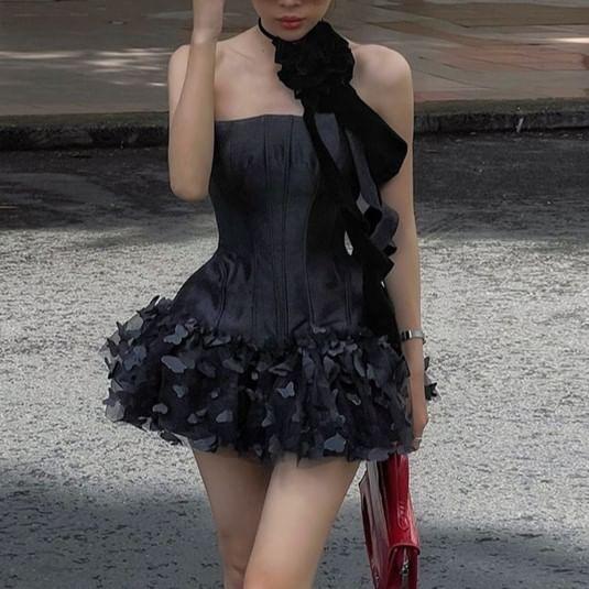Plain Panel Mesh Mini A-Line Tube Dress Product Image