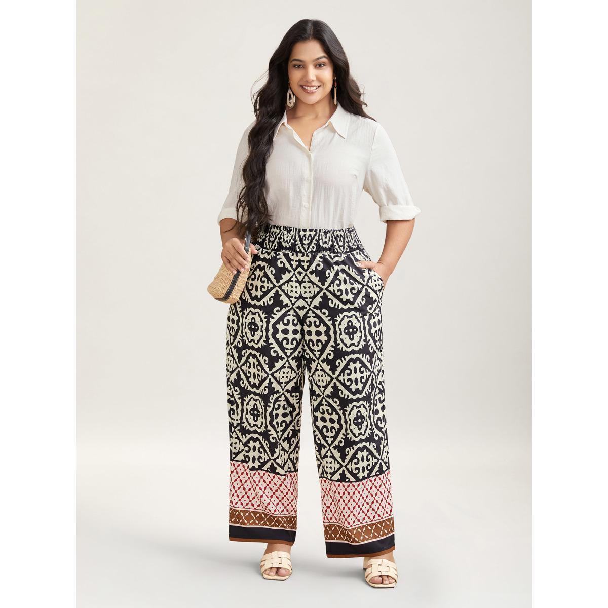 Plus Size Ornate Print Contrast Hem Straight Leg Pants Women Black Resort Straight Leg Mid Rise Vacation Pants BloomChic 22-24/3X Product Image