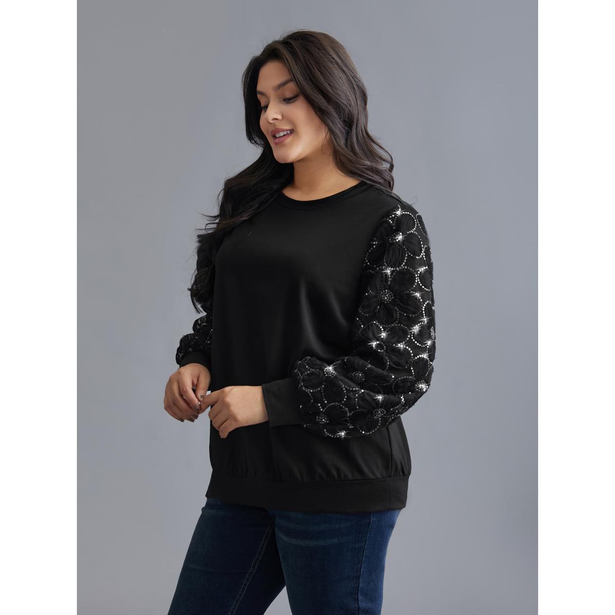 Plus Size Floral Sequin Mesh Patchwork Sweatshirt Women Black Elegant Patchwork Round Neck Everyday Sweatshirts BloomChic 30/6X Product Image