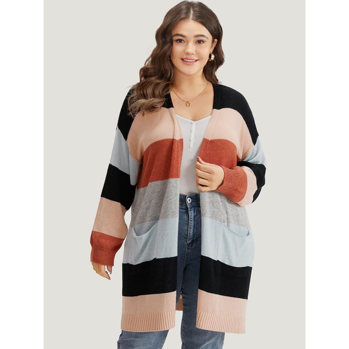 Plus Size Supersoft Essentials Colorblock Patched Pocket Tunic Cardigan Multicolor Women Casual Loose Long Sleeve Dailywear Cardigans BloomChic 22-24/3X Product Image
