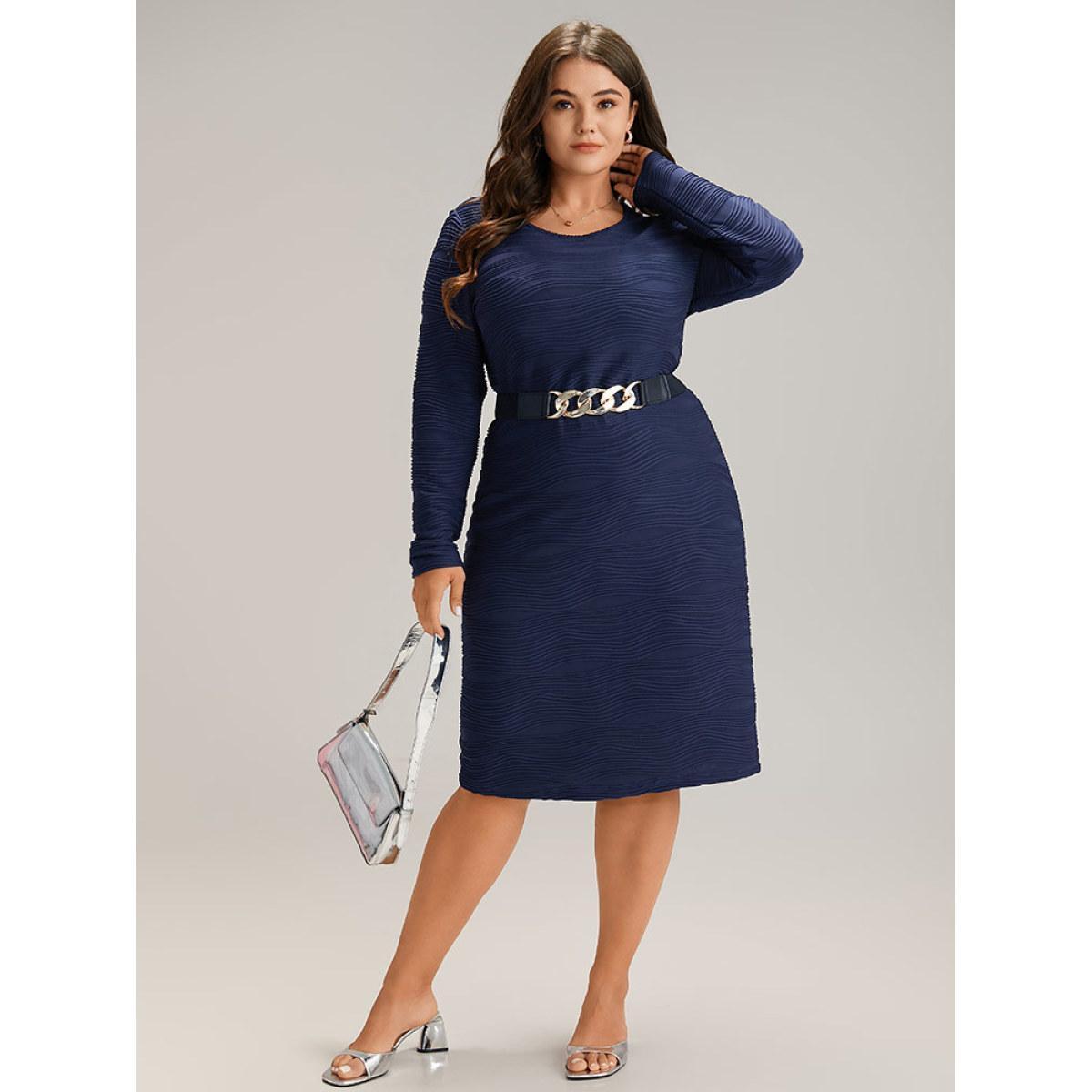 Plus Size Rib Knit Plain Belted Crew Neck Dress Indigo Women At the Office Texture Round Neck Long Sleeve Curvy Midi Dress BloomChic 12/L Product Image