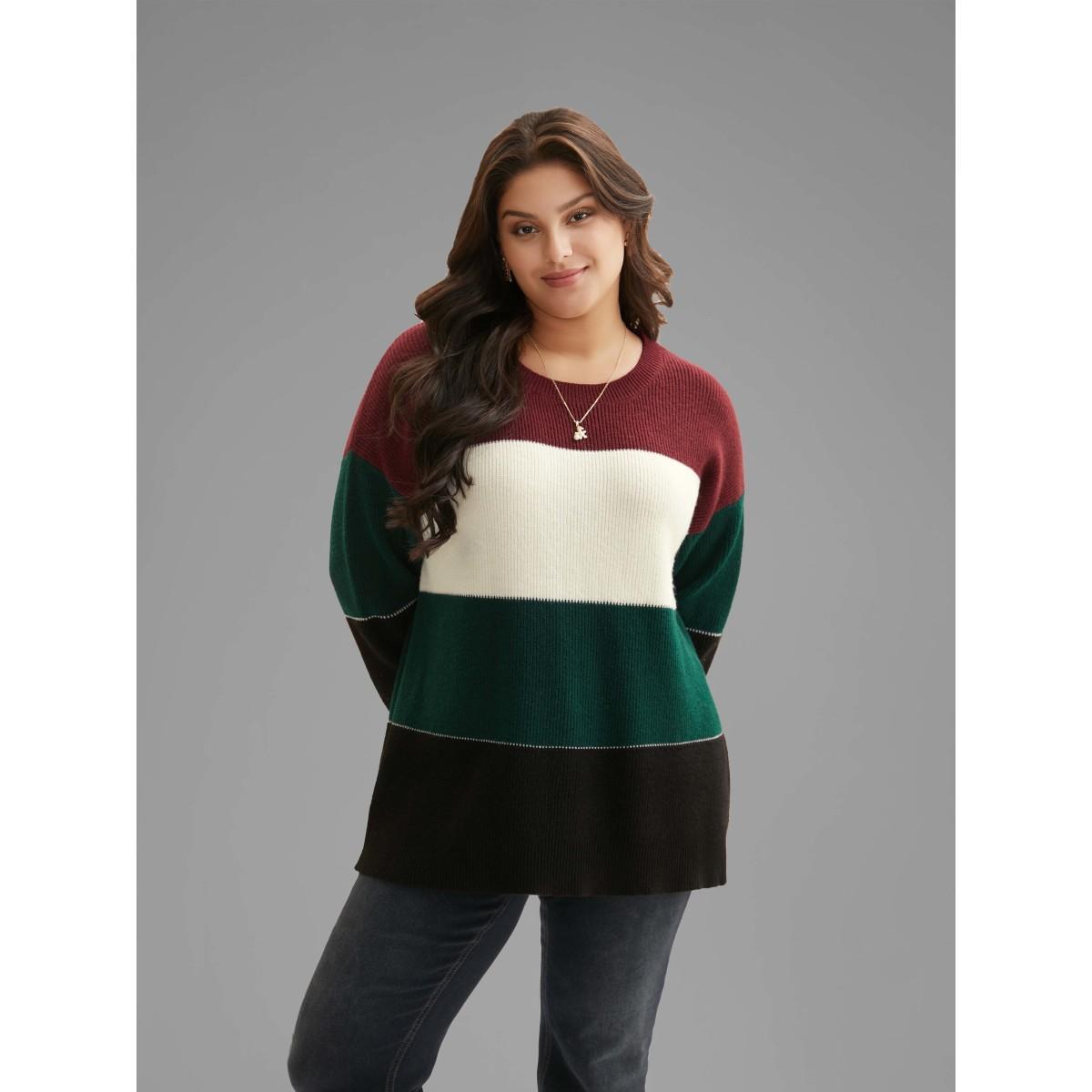Plus Size Supersoft Essentials Holiday Color Block Pullover Multicolor Women Casual Loose Long Sleeve Round Neck Everyday Pullovers BloomChic 22-24/3X Product Image