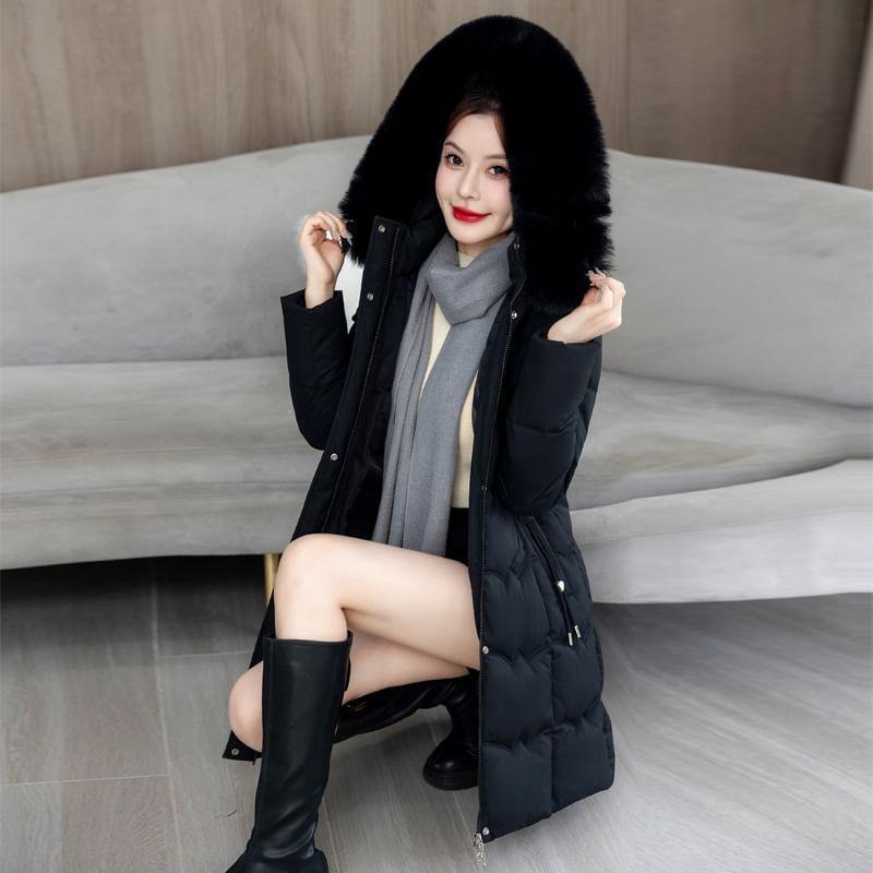 Furry Trim Hooded Zip-Up Long Parka Product Image