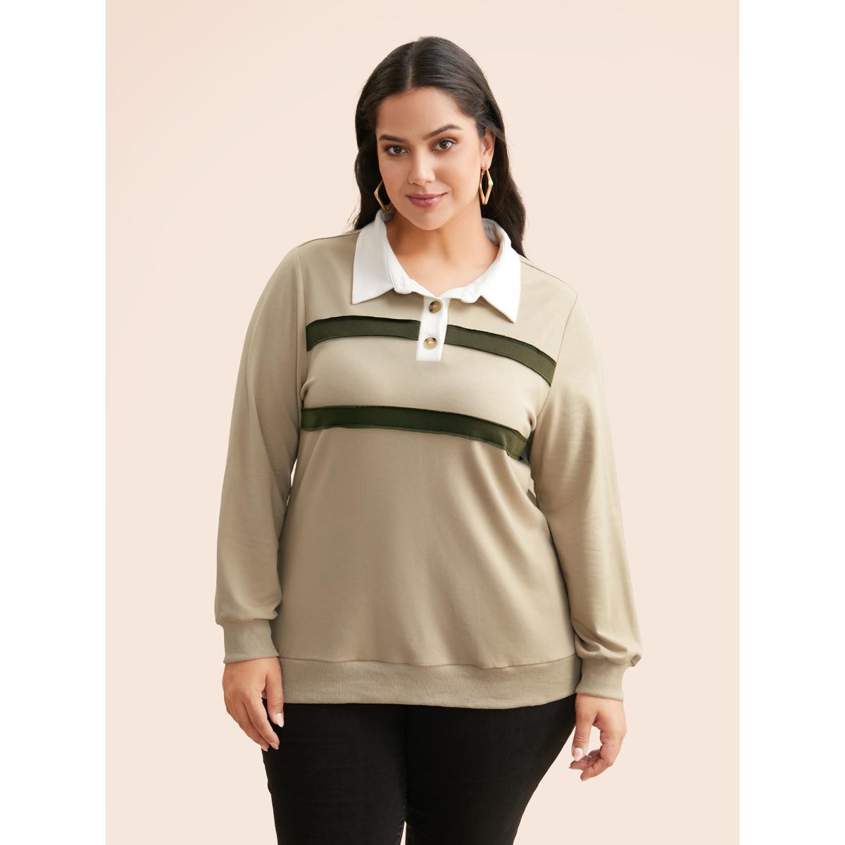 Plus Size Patchwork Contrast Button Up Sweatshirt Women Champagne Casual Contrast Shirt collar Everyday Sweatshirts BloomChic 22-24/3X Product Image