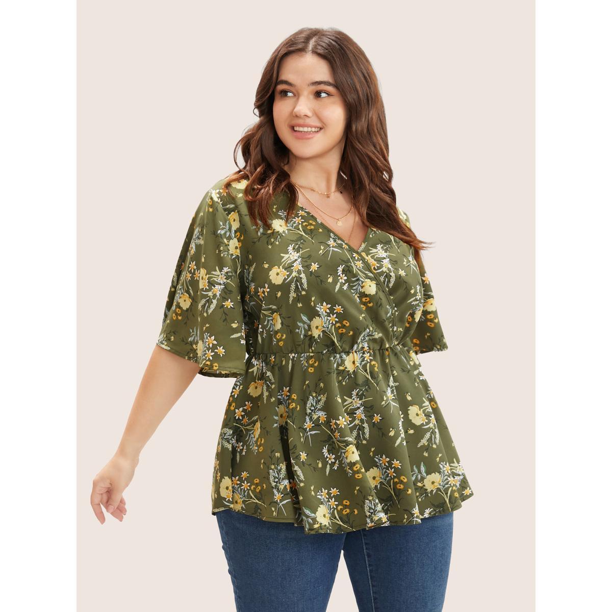 Plus Size Moss Floral Print Ruffles Surplice Neck Blouse Women Elegant Half Sleeve V-neck Everyday Blouses BloomChic 26/4X Product Image
