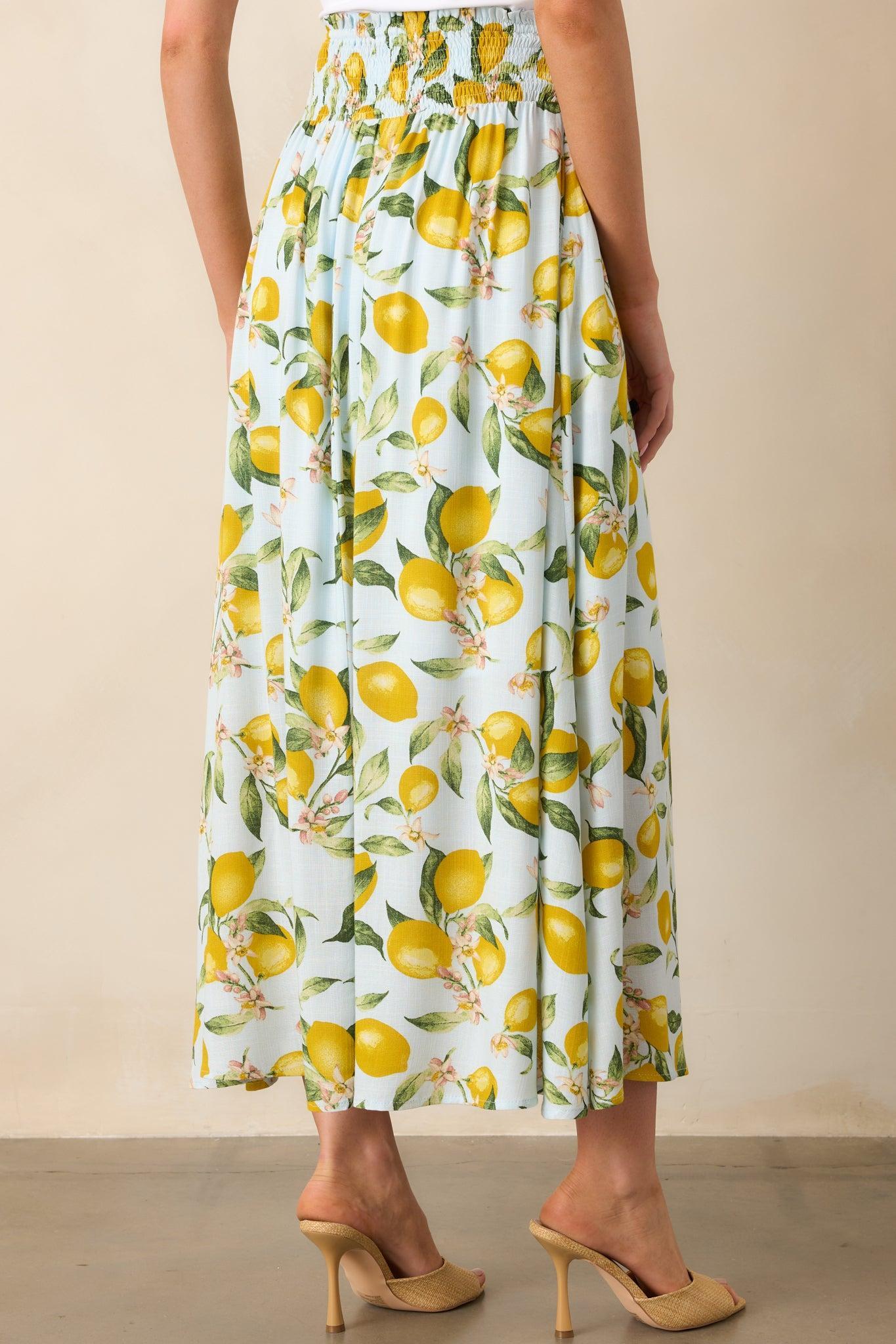 In My Flow Light Blue Lemon Print Drop Waist Maxi Skirt Product Image