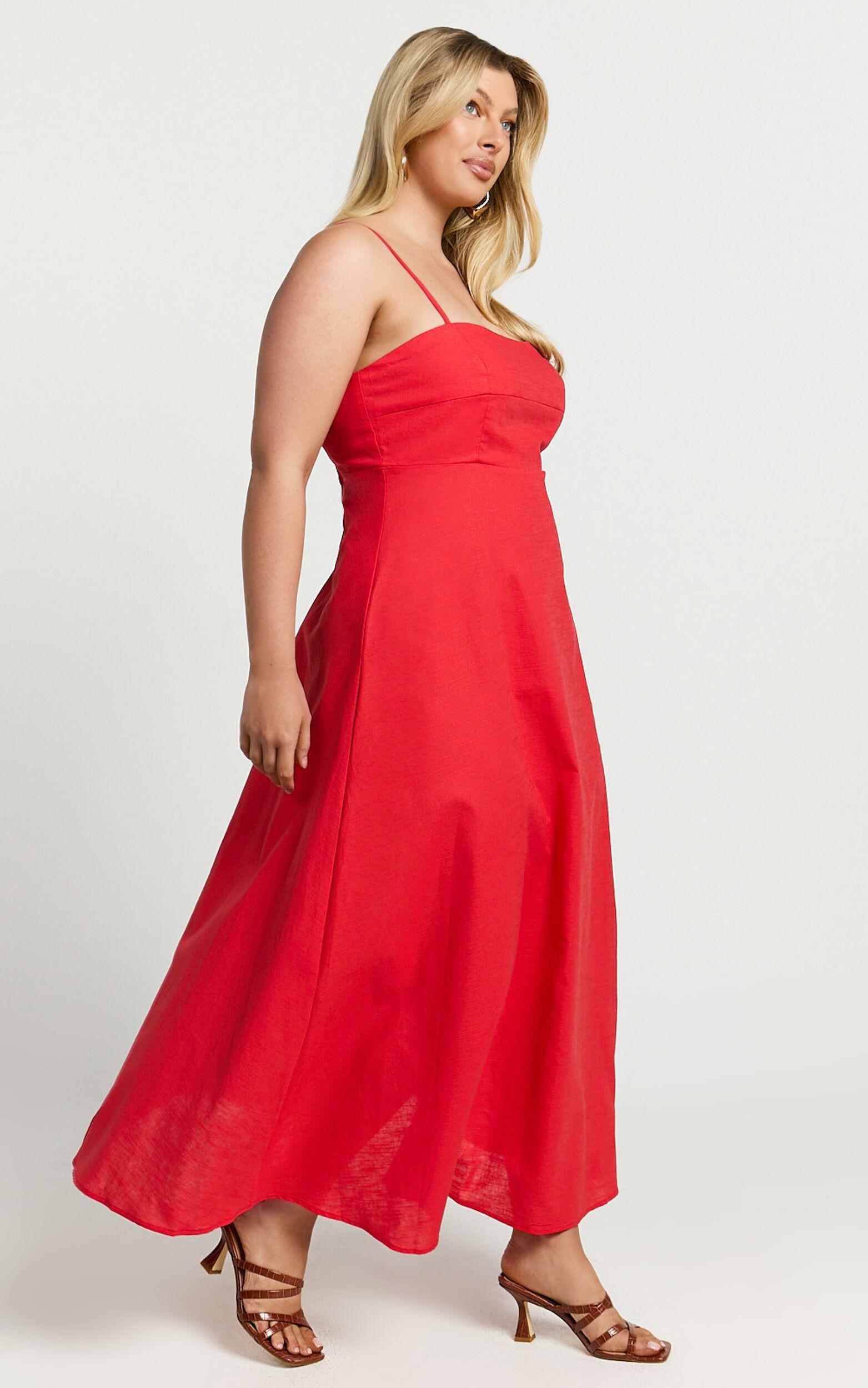 Brette Midi Dress - Linen Straight Neck Strappy Fit And Flare Dress in Red Product Image