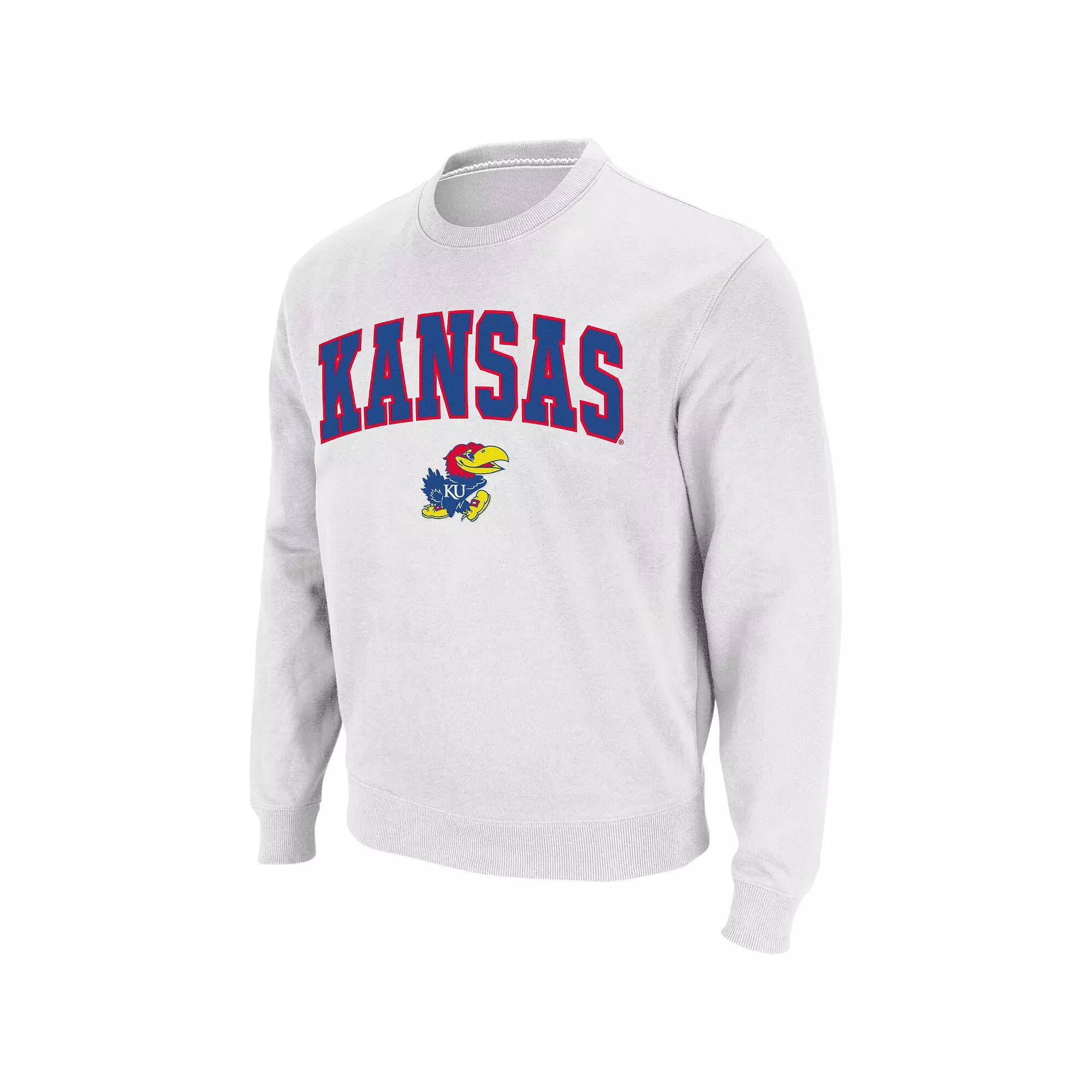 Men's Colosseum White Kansas Jayhawks Arch & Logo Crew Neck Sweatshirt, Size: 2XL Product Image