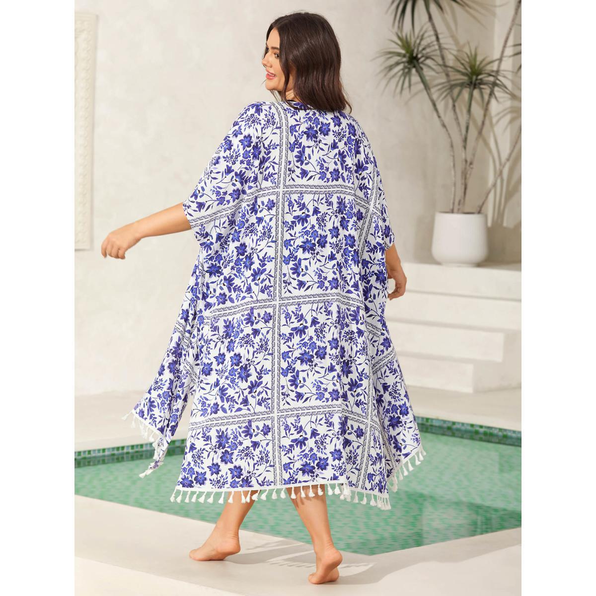 Plus Size Floral Print Lace Tassels Slit Kimono Women Brightblue Tassels Loose Vacation Kimonos BloomChic 28/5X Product Image