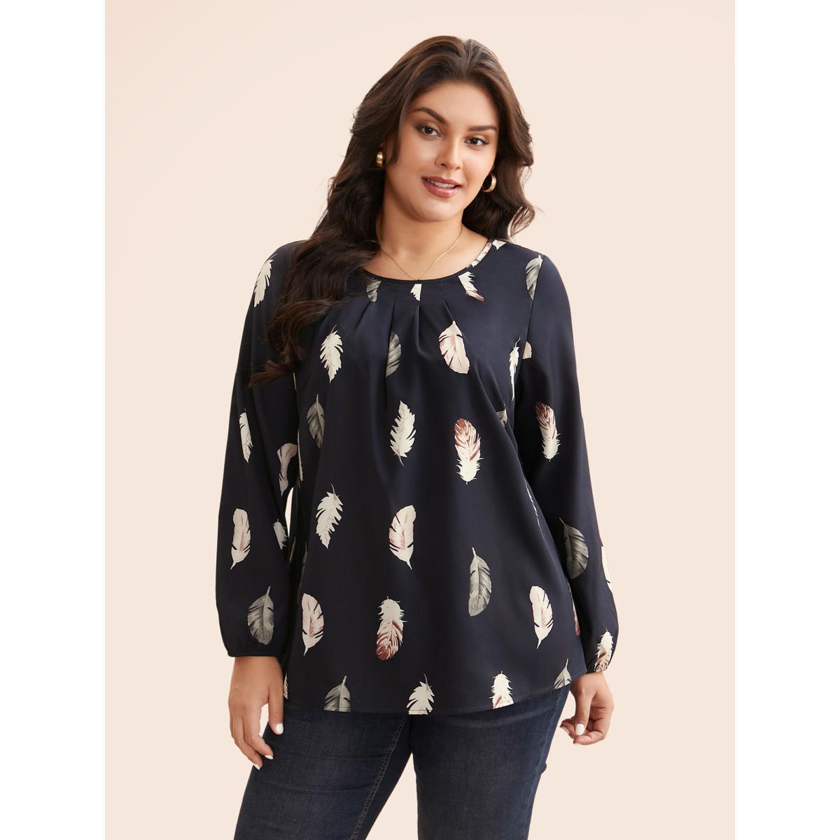Plus Size Indigo Feather Print Pleated Slit Hem Blouse Women Elegant Extra Long Sleeve Round Neck Everyday Blouses BloomChic 14-16/1X Product Image