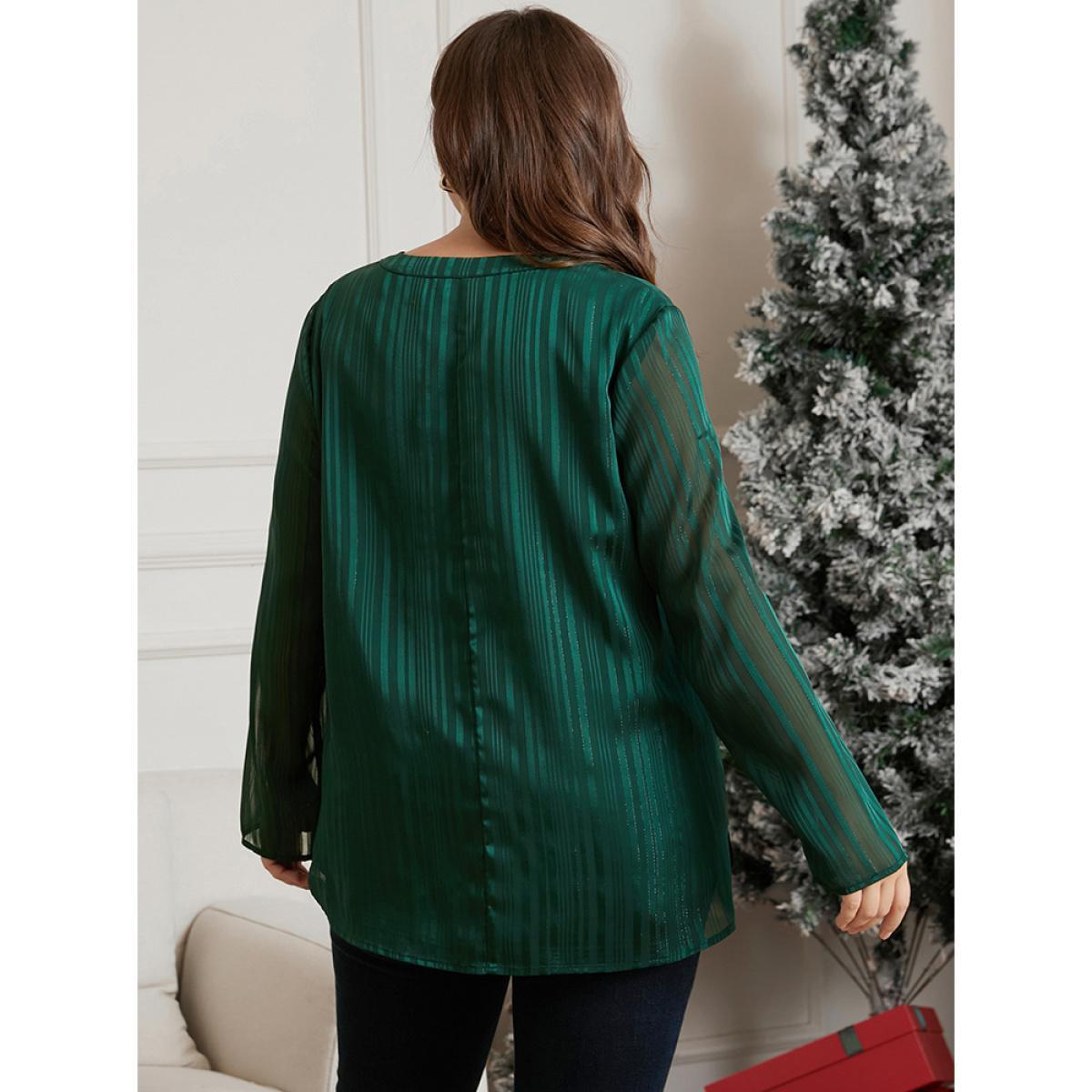 Plus Size Green Glitter Striped V Neck Button Detail Blouse Women Casual Long Sleeve V-neck Festival-Christmas Blouses BloomChic 30/6X Product Image