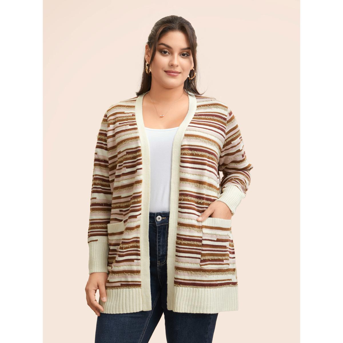 Plus Size Striped Kimono Collar Pocket Cardigan Beige Women Casual Loose Long Sleeve Everyday Cardigans BloomChic 30/6X Product Image