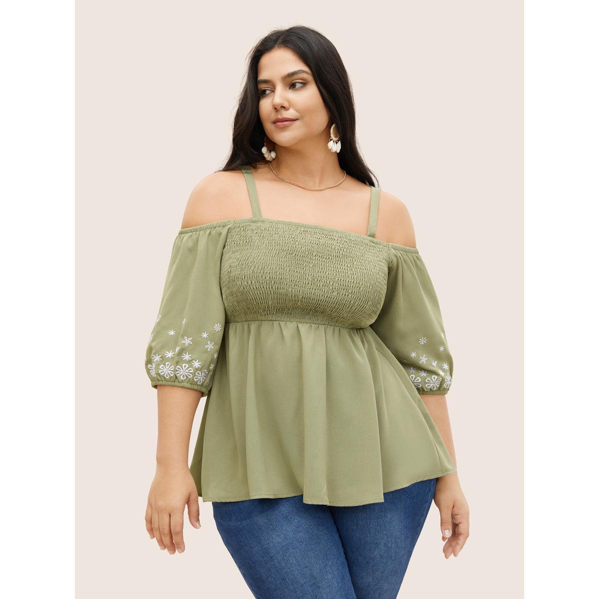 Plus Size Mint Floral Embroidered Shirred Off Shoulder Blouse Women Resort Half Sleeve One-shoulder neck Vacation Blouses BloomChic 12/L Product Image