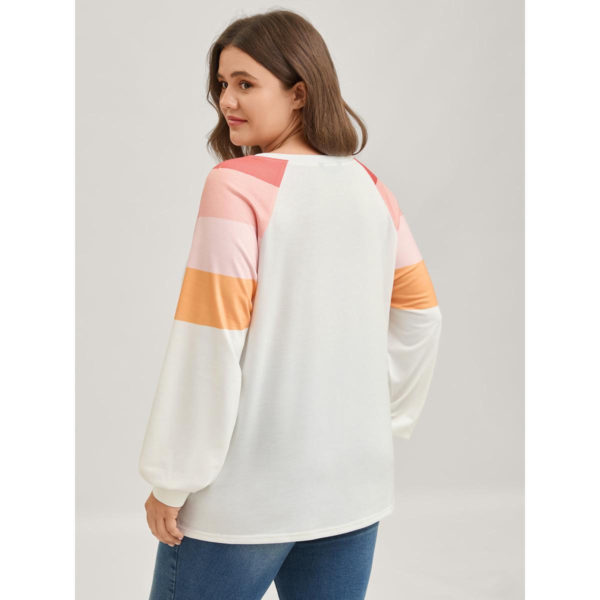 Plus Size Color Block Notched Collar Sweatshirt Women WhiteSmoke Contrast Flat collar with V-notch Everyday-Casual Sweatshirts BloomChic 22-24/3X Product Image