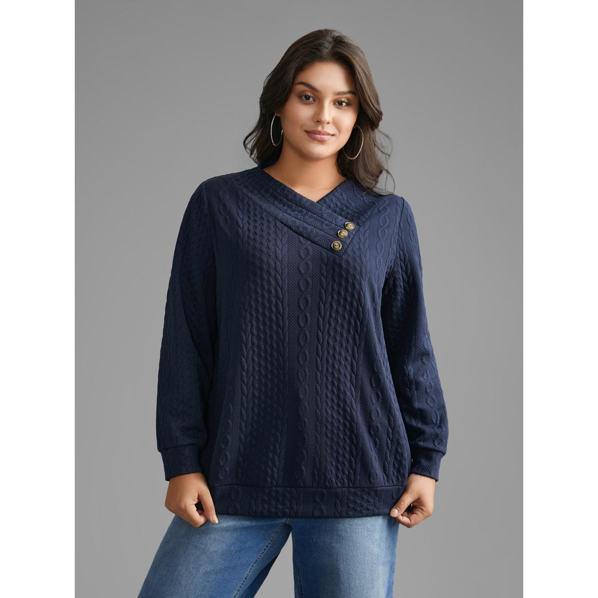 Plus Size Overlap Collar Textured Button Detail Sweatshirt Women Indigo Casual Texture Overlap Collar Everyday Sweatshirts BloomChic 14-16/1X Product Image