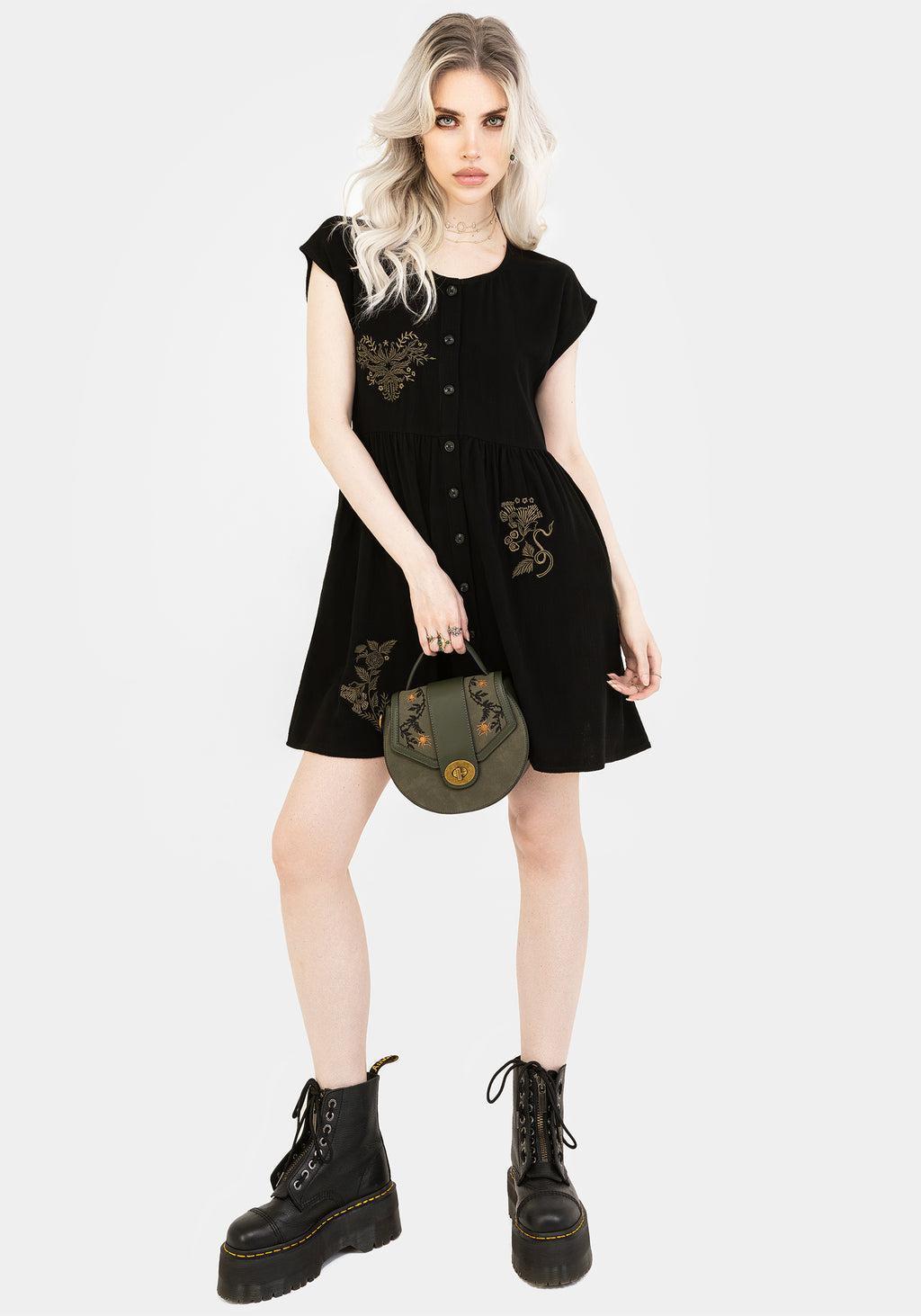 Foliate Linen-Blend Embroidered Button Up Mini Dress - Black Product Image