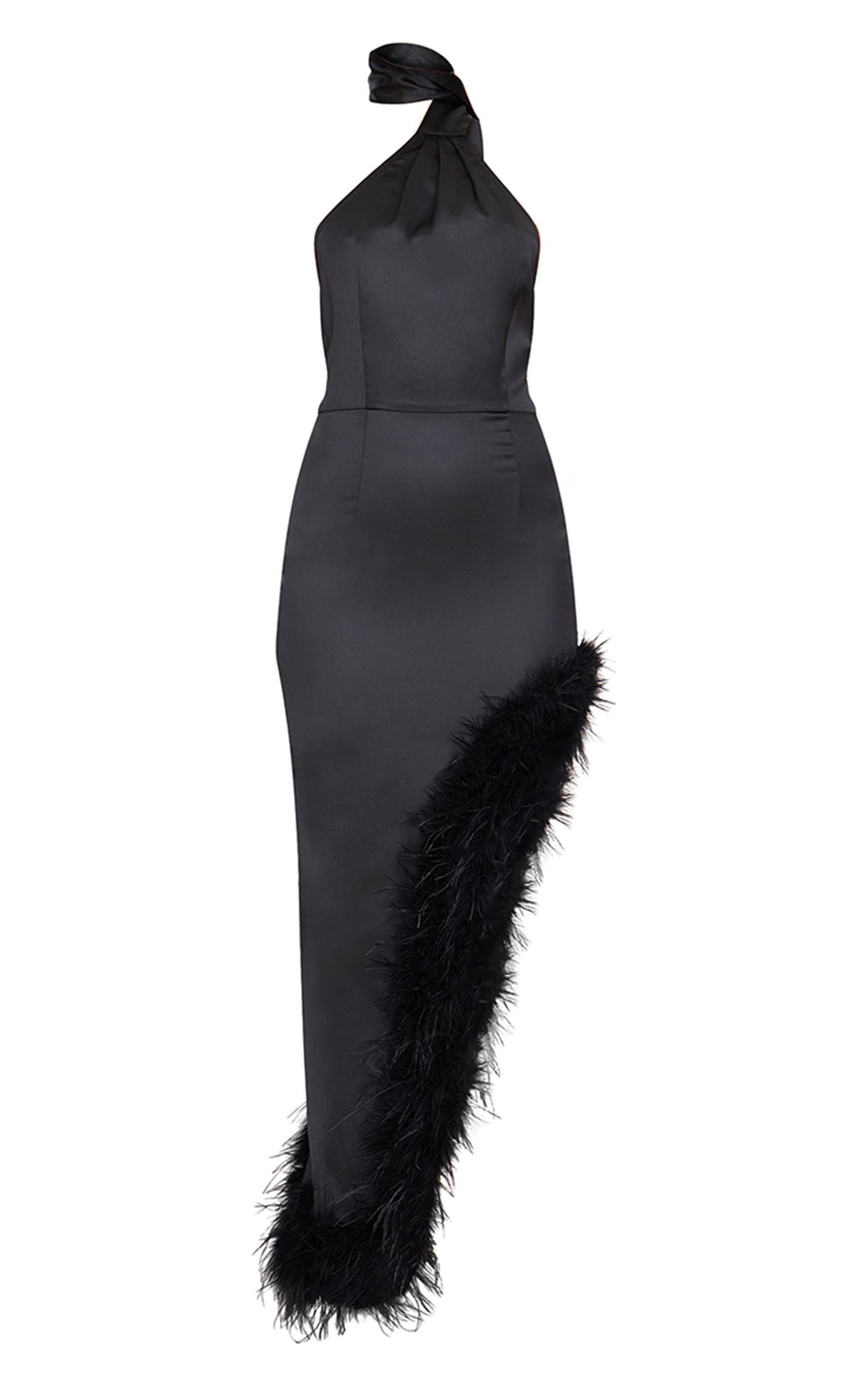 Black Satin High Neck Feather Trim Maxi Dress Product Image
