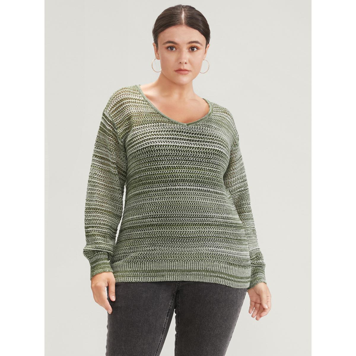 Plus Size Ombre Spacedye Knit V Neck Crochet Knit Top Multicolor Women Casual Loose Long Sleeve V-neck Dailywear Pullovers BloomChic 30/6X Product Image