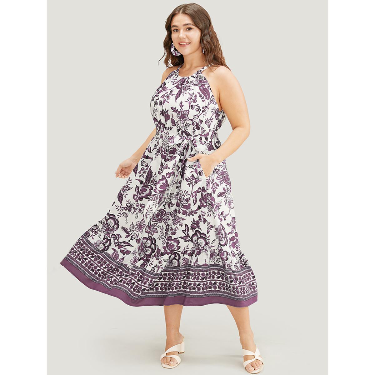 Plus Size Bandana Print Knotted Flutter Hem Pocket Belted Halter Dress Mauve Women Vacation Knotted Halter neck Sleeveless Curvy Midi Dress BloomChic 14-16/1X Product Image