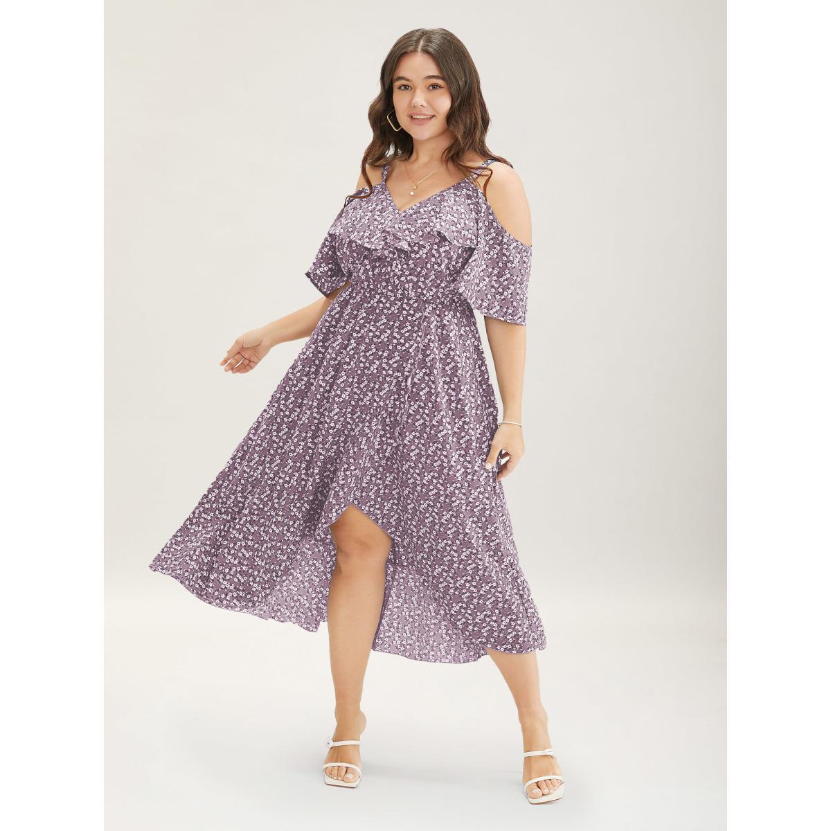 Plus Size Ditsy Floral Pocket Wrap Cold Shoulder Ruffle Dress Mauve Women Elegant Non Overlap Collar Short sleeve Curvy Midi Dress BloomChic 18-20/2X Product Image