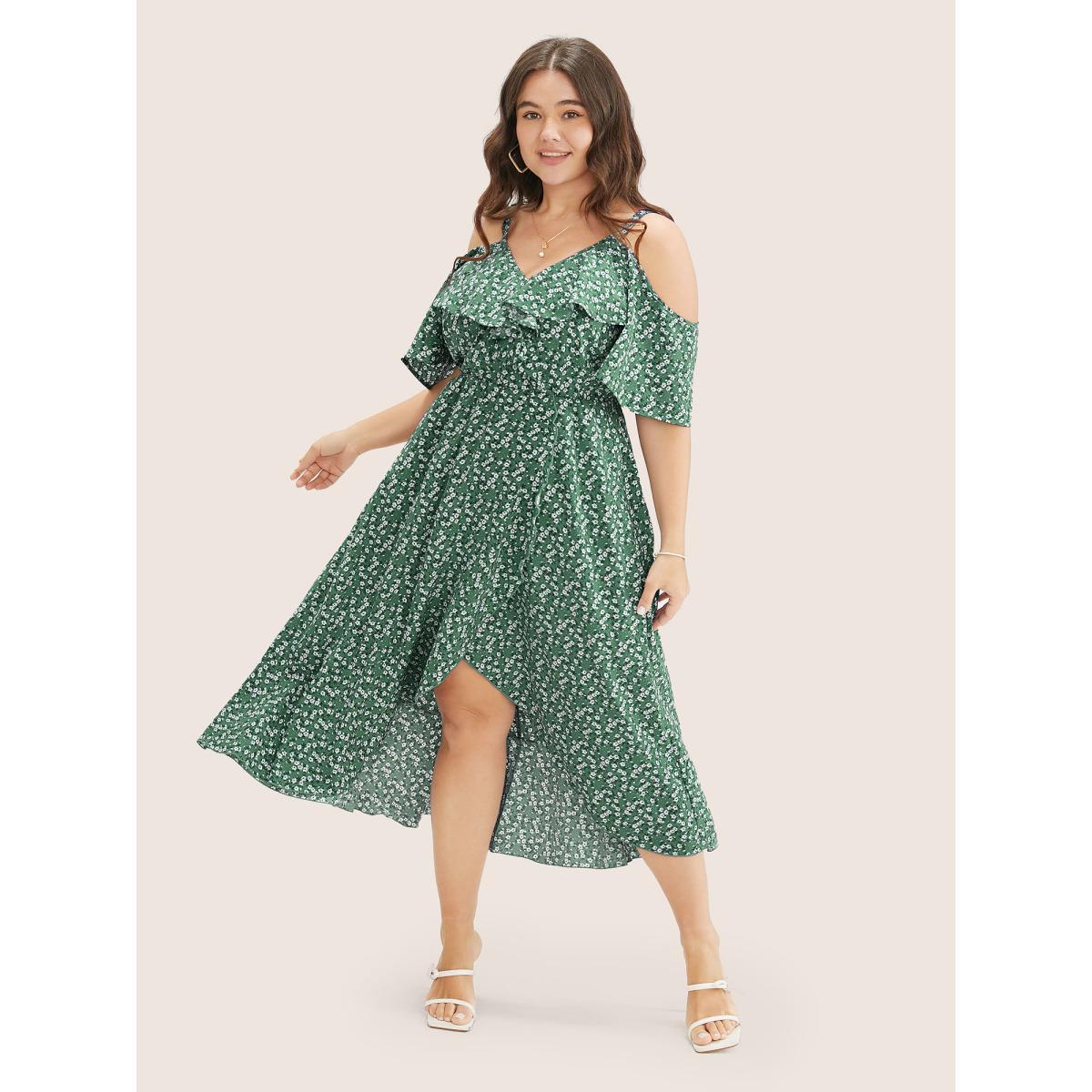 Plus Size Ditsy Floral Pocket Wrap Cold Shoulder Ruffle Dress Green Women Elegant Non Overlap Collar Short sleeve Curvy Midi Dress BloomChic 30/6X Product Image