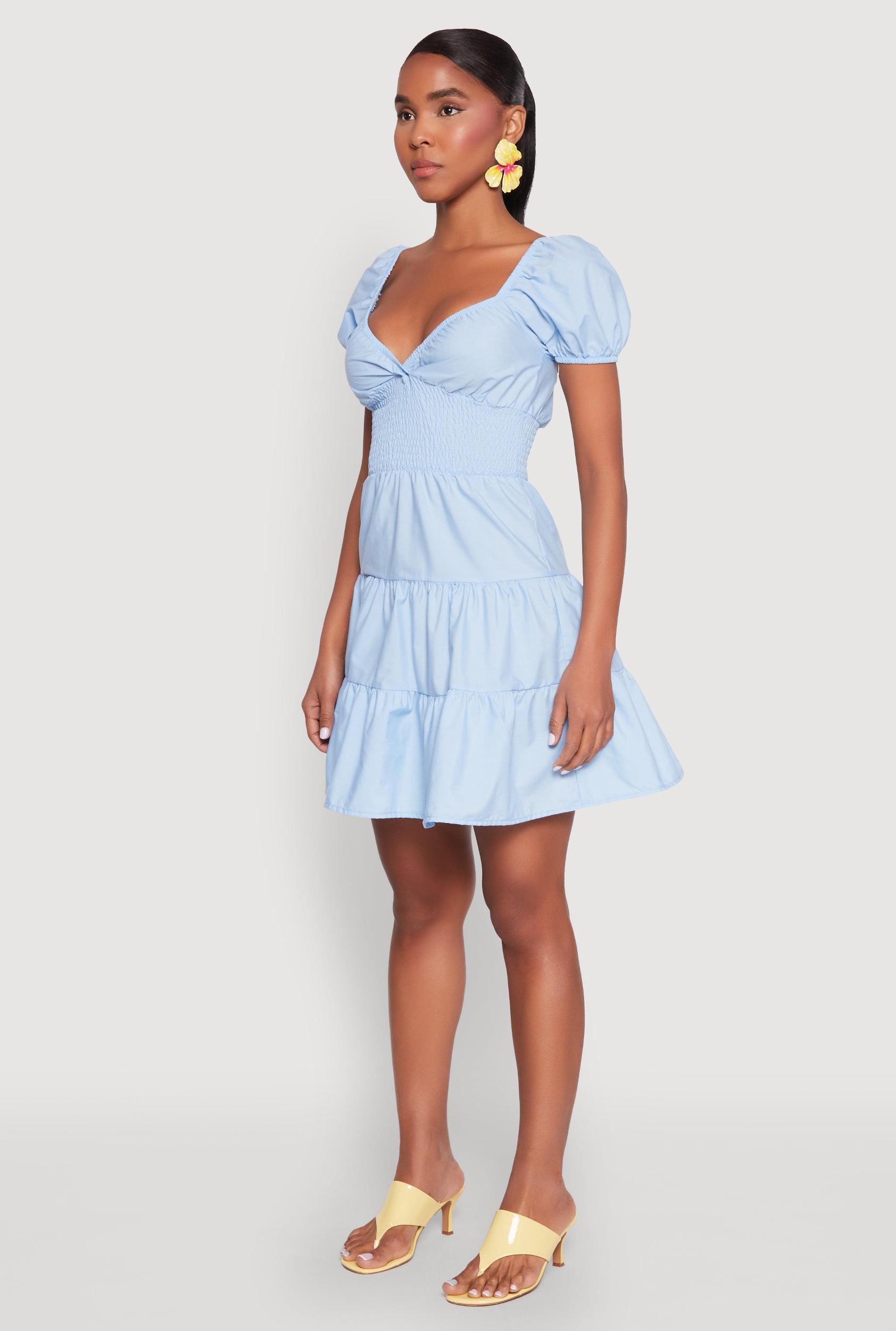 Womens Puff Sleeve Sweetheart Tiered Mini Dress Product Image