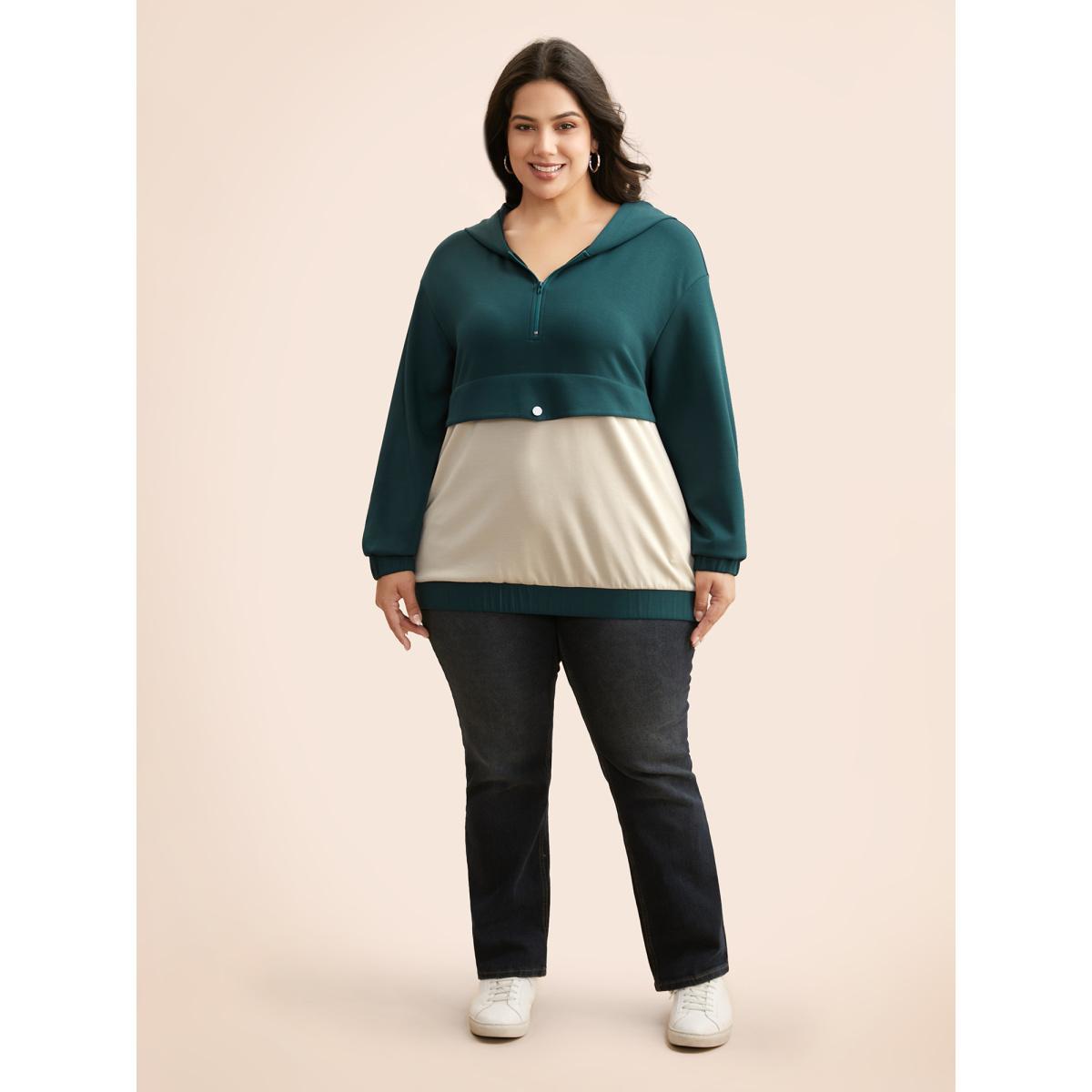 Plus Size Contrast Half Zip Hooded Sweatshirt Women Cyan Casual Contrast Hooded Everyday Sweatshirts BloomChic 14-16/1X Product Image