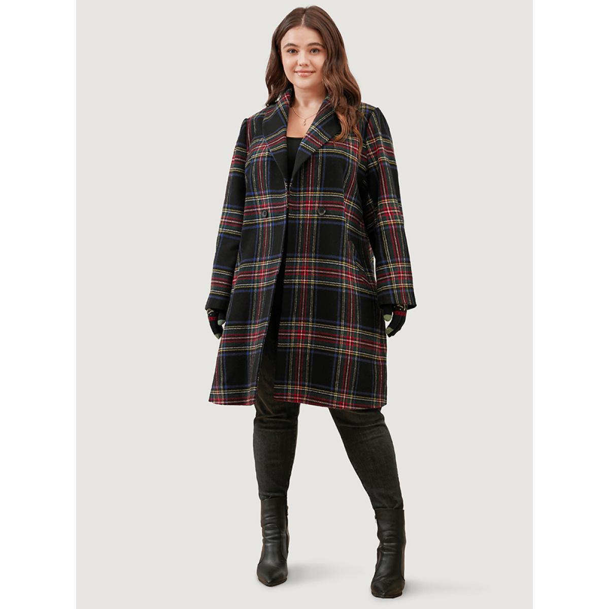 Plus Size Plaid Button Through Pocket Lapel Collar Coat Women Black Casual Pocket Ladies Dailywear Winter Coats BloomChic 22-24/3X Product Image