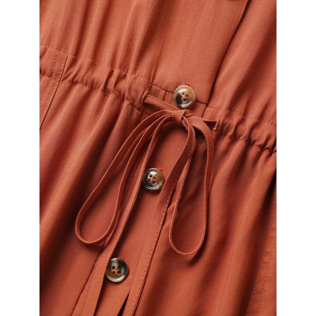Plus Size Chocolate Plain Button Up Drawstring Gathered Pocket Jumpsuit Women Casual Short sleeve V-neck Everyday Loose Jumpsuits BloomChic 12/L Product Image