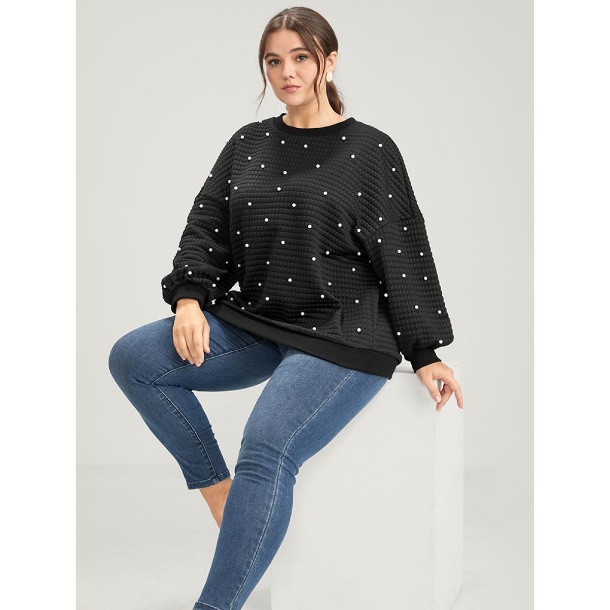 Plus Size Solid Texture Pearls Beaded Sweatshirt Women Black Party Beaded Round Neck Going out Sweatshirts BloomChic 28/5X Product Image
