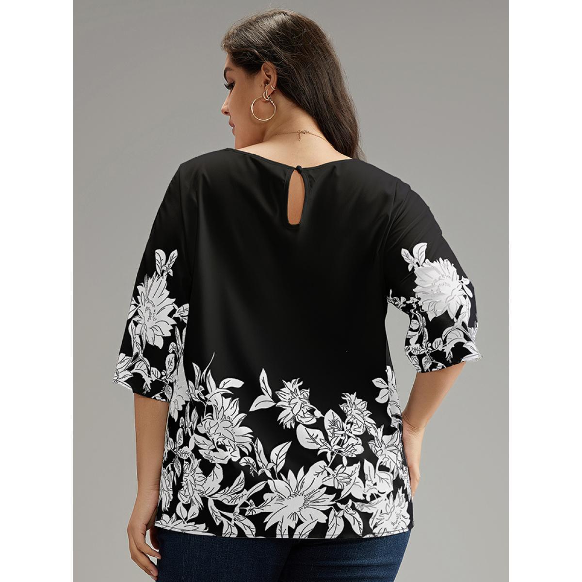 Plus Size Black Boho Print V Neck Cut Out Blouse Women Elegant Elbow-length sleeve V-neck Dailywear Blouses BloomChic 22-24/3X Product Image