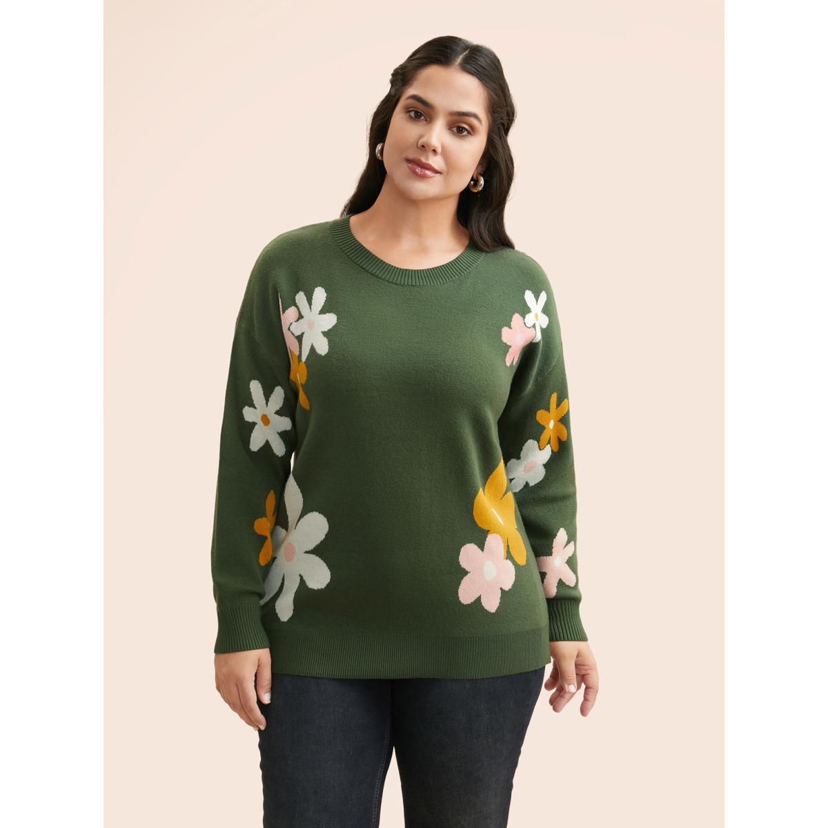Plus Size Supersoft Essentials Floral Crew Neck Pullover Greenbean Women Casual Long Sleeve Round Neck Everyday Pullovers BloomChic 30/6X Product Image