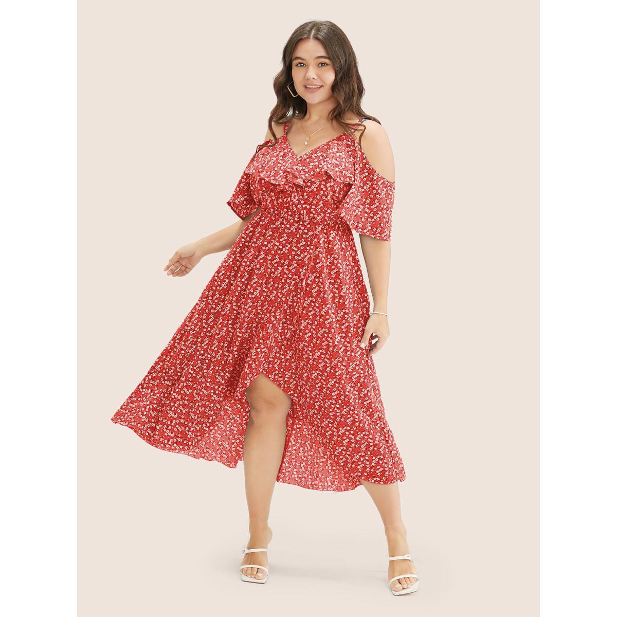 Plus Size Ditsy Floral Pocket Wrap Cold Shoulder Ruffle Dress Red Women Elegant Non Overlap Collar Short sleeve Curvy Midi Dress BloomChic 12/L Product Image