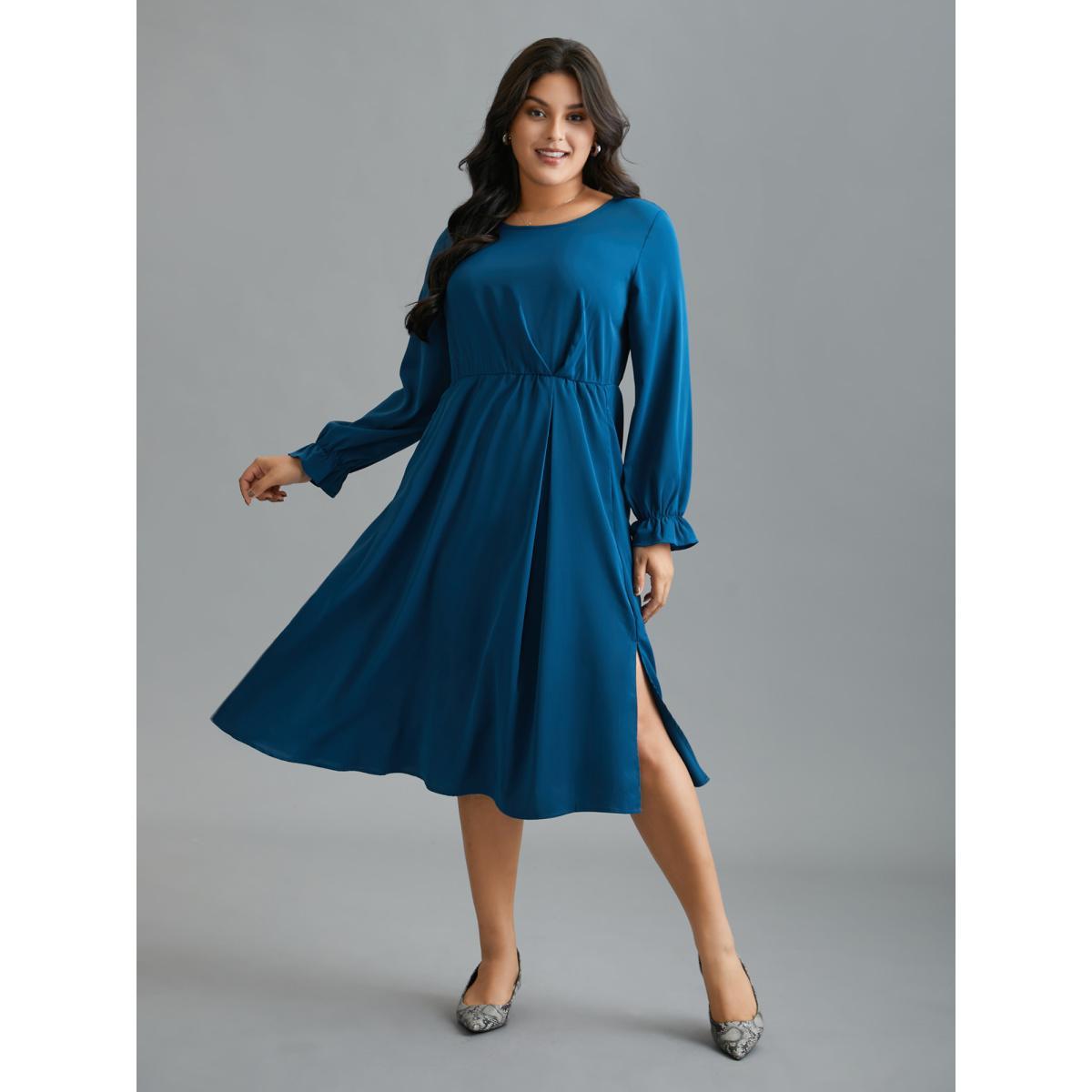 Plus Size Ruffle Cuff Elastic Waist Split Hem Dress Aegean Women At the Office Pleated Round Neck Long Sleeve Curvy BloomChic 12/L Product Image