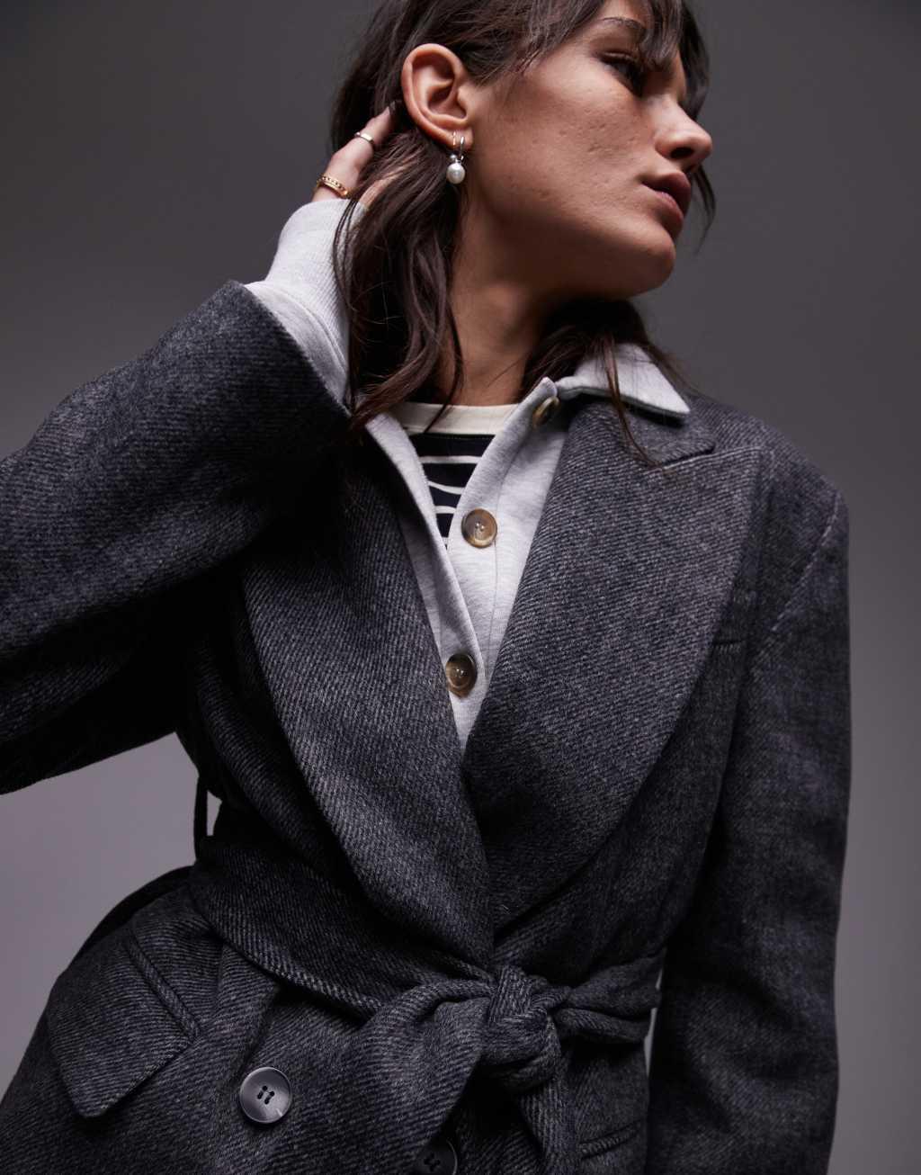 Topshop double breasted belted twill blazer coat in charcoal Product Image