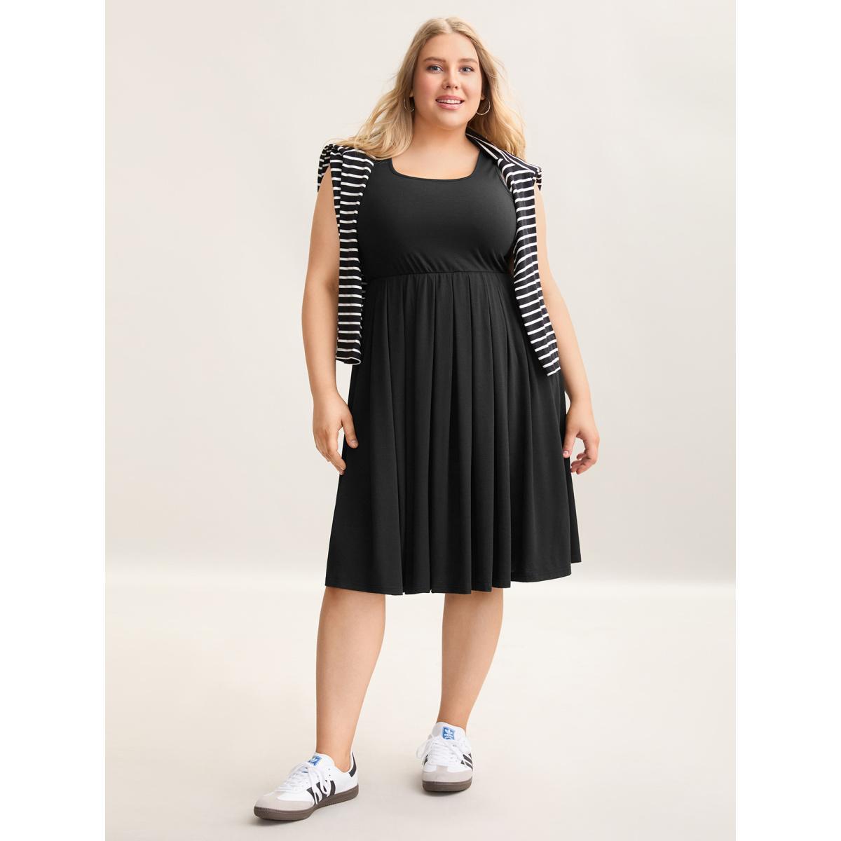 Plus Size Supersoft Essentials Pleated Stretchy Waist Midi Dress Pureblack Women Casual Non Knit Dresses Bloomchic 26/4X Product Image