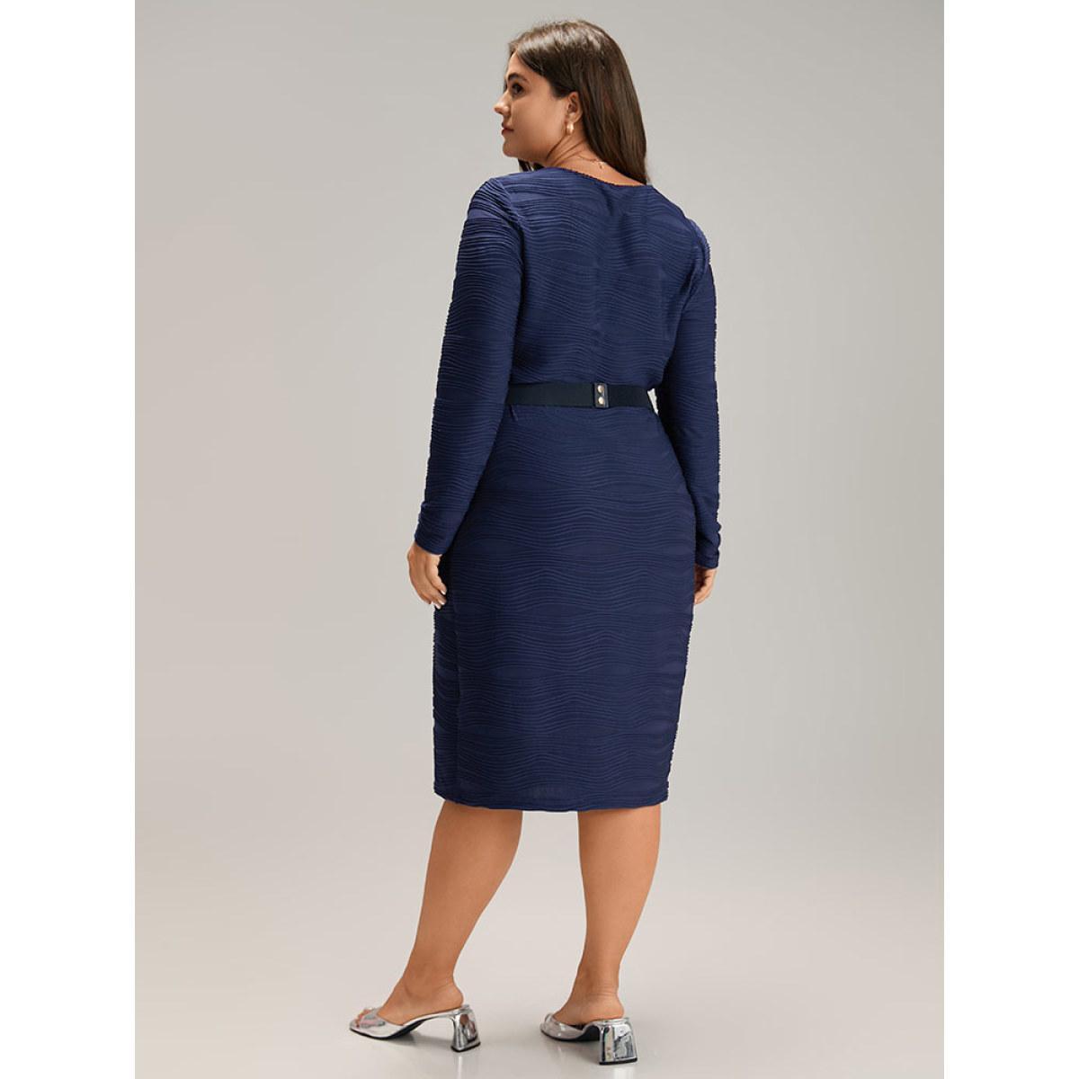 Plus Size Rib Knit Plain Belted Crew Neck Dress Indigo Women At the Office Texture Round Neck Long Sleeve Curvy Midi Dress BloomChic 12/L Product Image