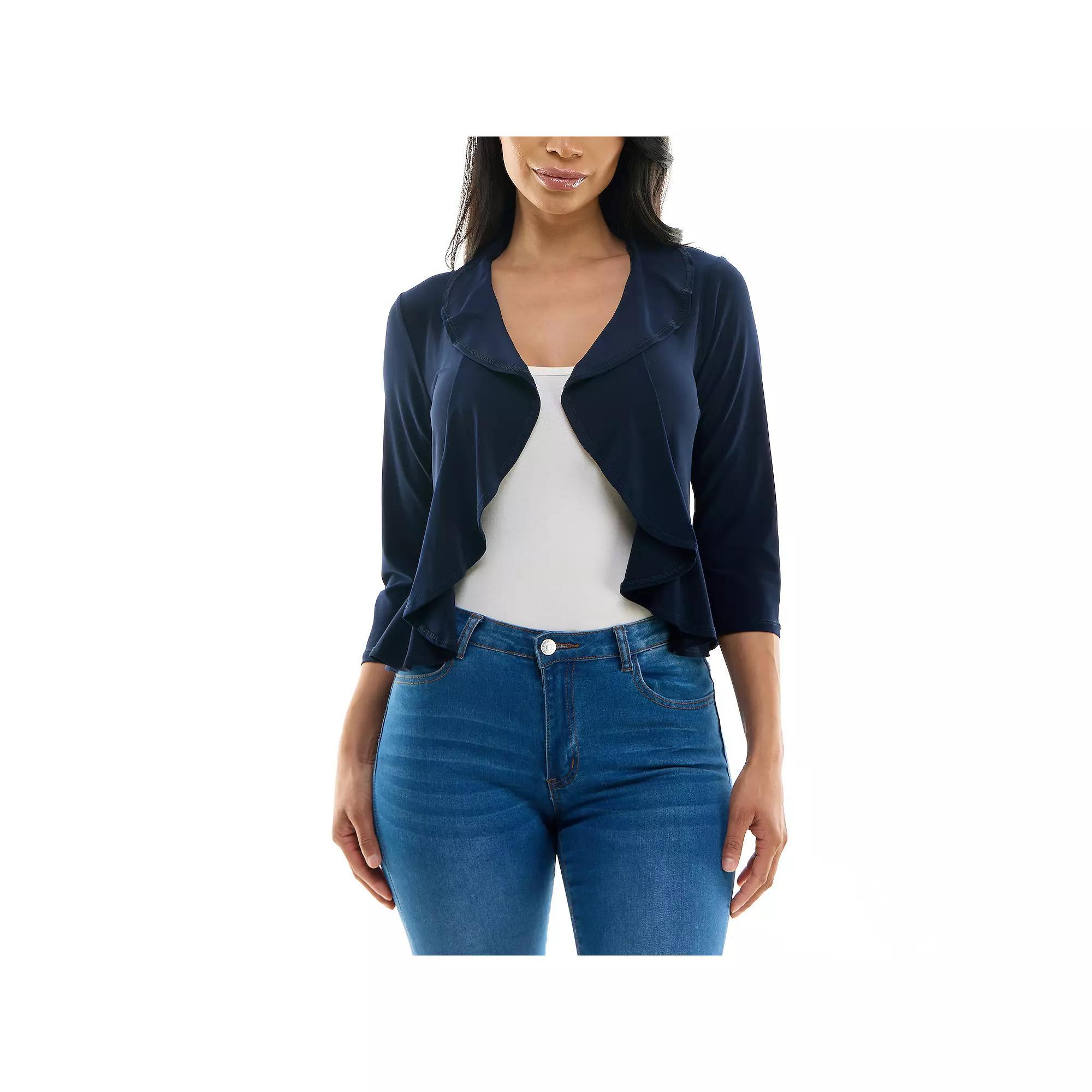 Women's Nina Leonard Ruffle Front Cropped Cardigan, Size: Small, Blue Product Image