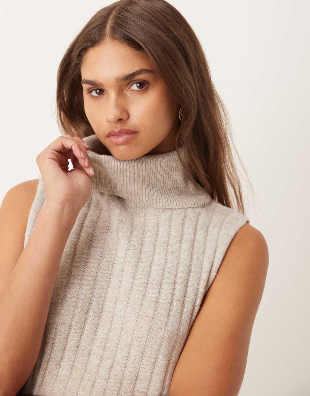 Vila ribbed high neck knit vest in natural melange Product Image
