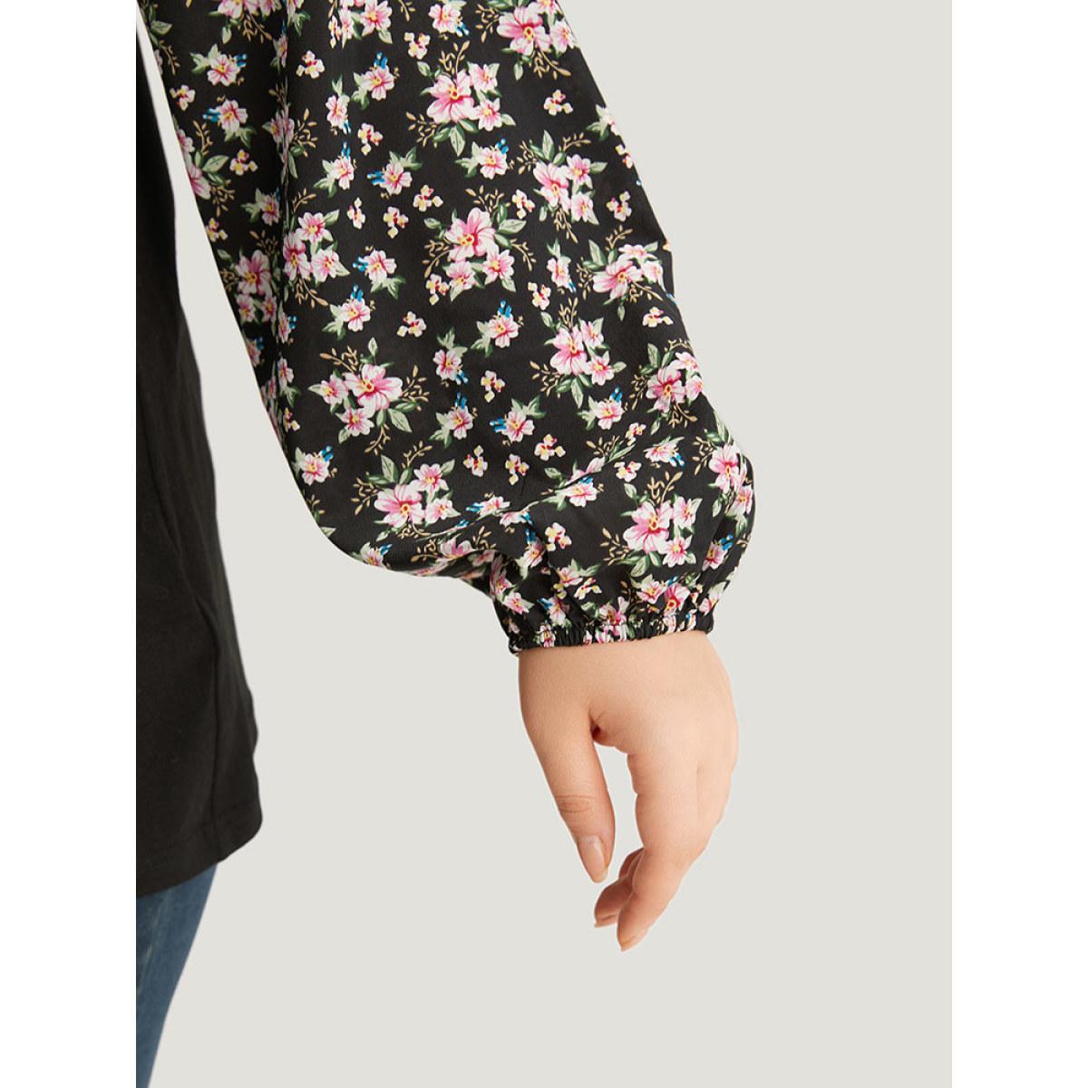 Plus Size Crew Neck Patchwork Ditsy Floral T-shirt Black Women Elegant Elastic cuffs Ditsy Floral Round Neck Dailywear T-shirts BloomChic 18-20/2X Product Image