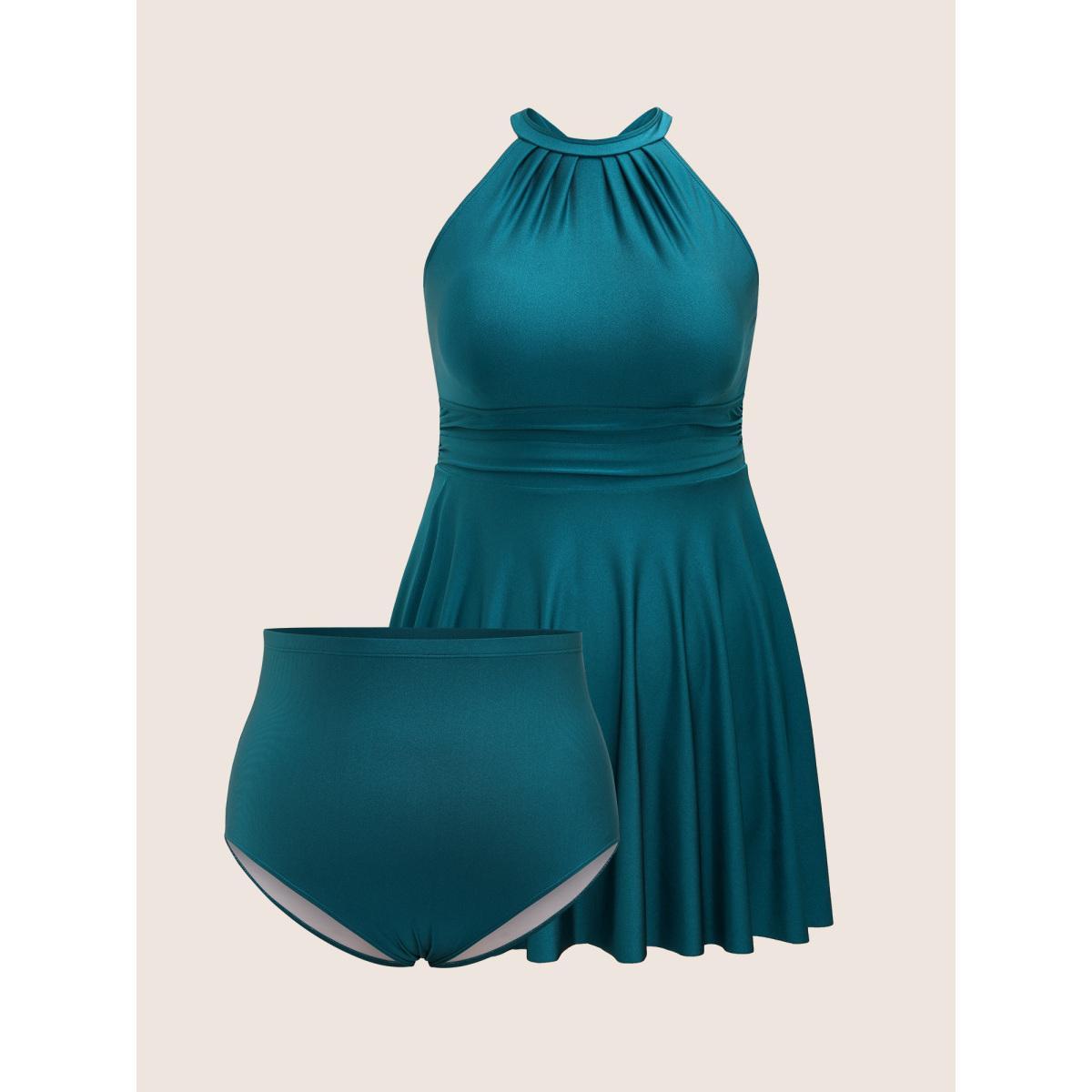 Plus Size Halter Back Crisscross Pleated Swim Dress Women's Swimwear Cyan Beach Bodycon Halter neck High stretch Curve Swim Dresses BloomChic 10/M Product Image