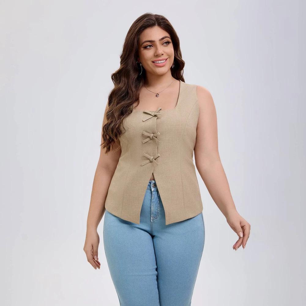 Women's Square Neck Sleeveless Front Bow Tie Closure Vest Top - A New Day™ Product Image