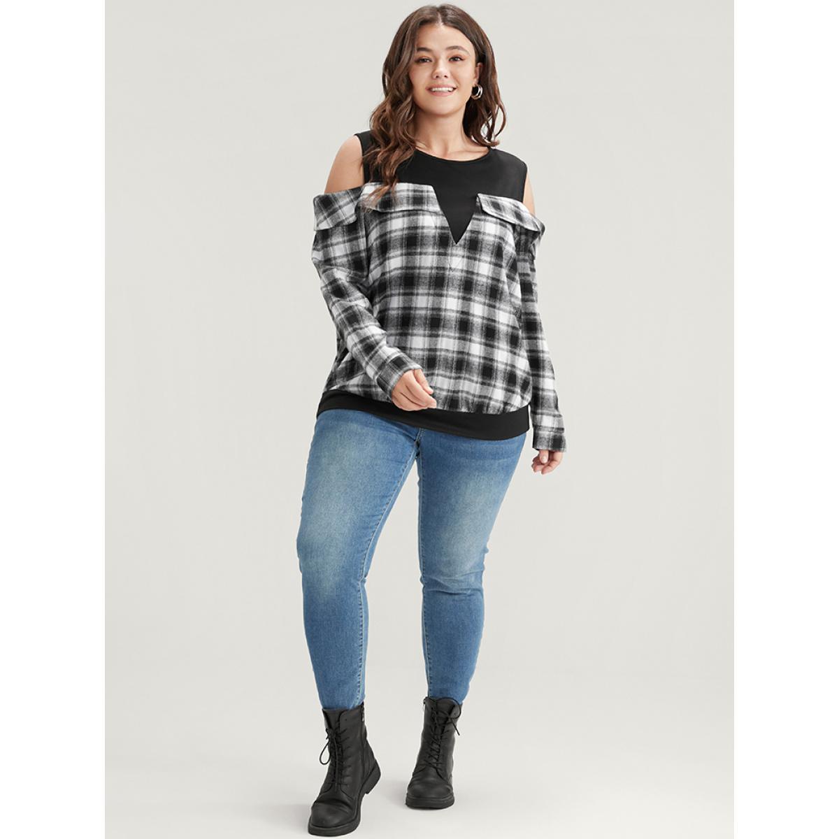 Plus Size Plaid Patchwork Cold Shoulder Sweatshirt Women Black Elegant Patchwork Cold Shoulder Dailywear Sweatshirts BloomChic 28/5X Product Image