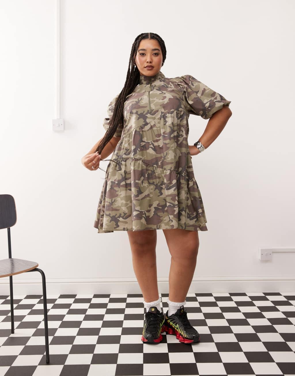 COLLUSION Plus cotton zip mini smock dress in camo print Product Image