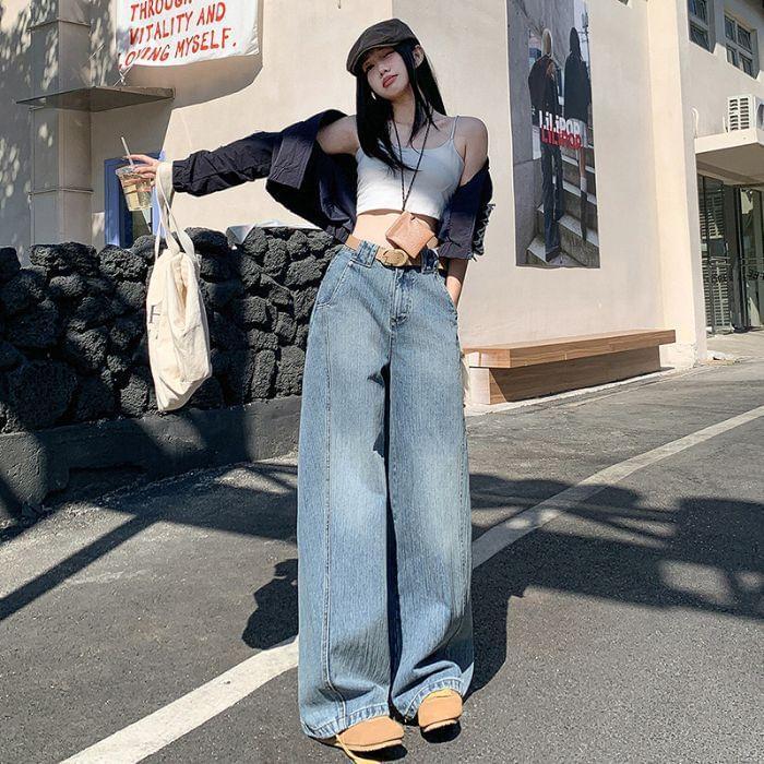 High Waist Washed Wide Leg Jeans (Various Designs) Product Image