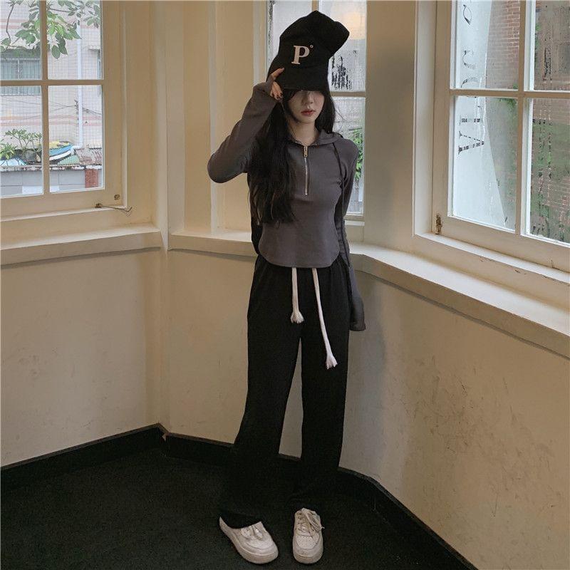Long Sleeve Plain Hood Half Zip Top Product Image