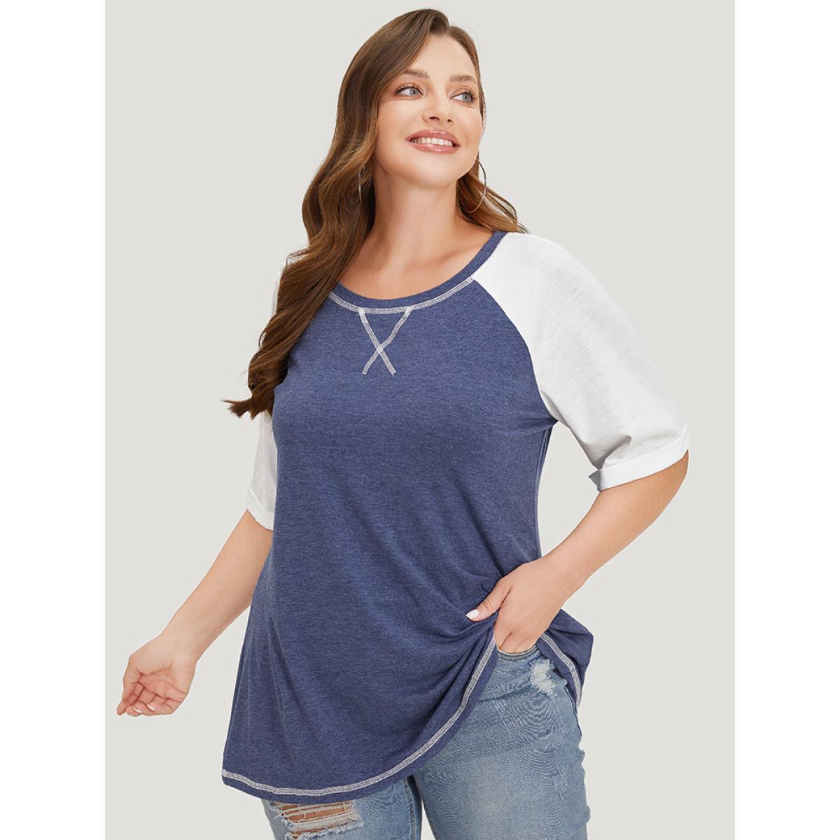 Plus Size Supersoft Essentials Two Tone Stitch Roll Raglan Sleeve T-shirt DarkBlue Women Casual Contrast Colorblock Round Neck Dailywear T-shirts BloomChic 26/4X Product Image