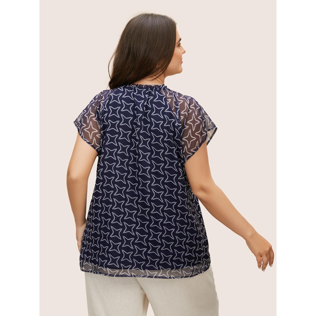 Plus Size Indigo Polka Dot Mock Neck Mesh Patchwork Blouse Women Workwear Essentials Cap Sleeve Round Neck Work Blouses BloomChic 22-24/3X Product Image
